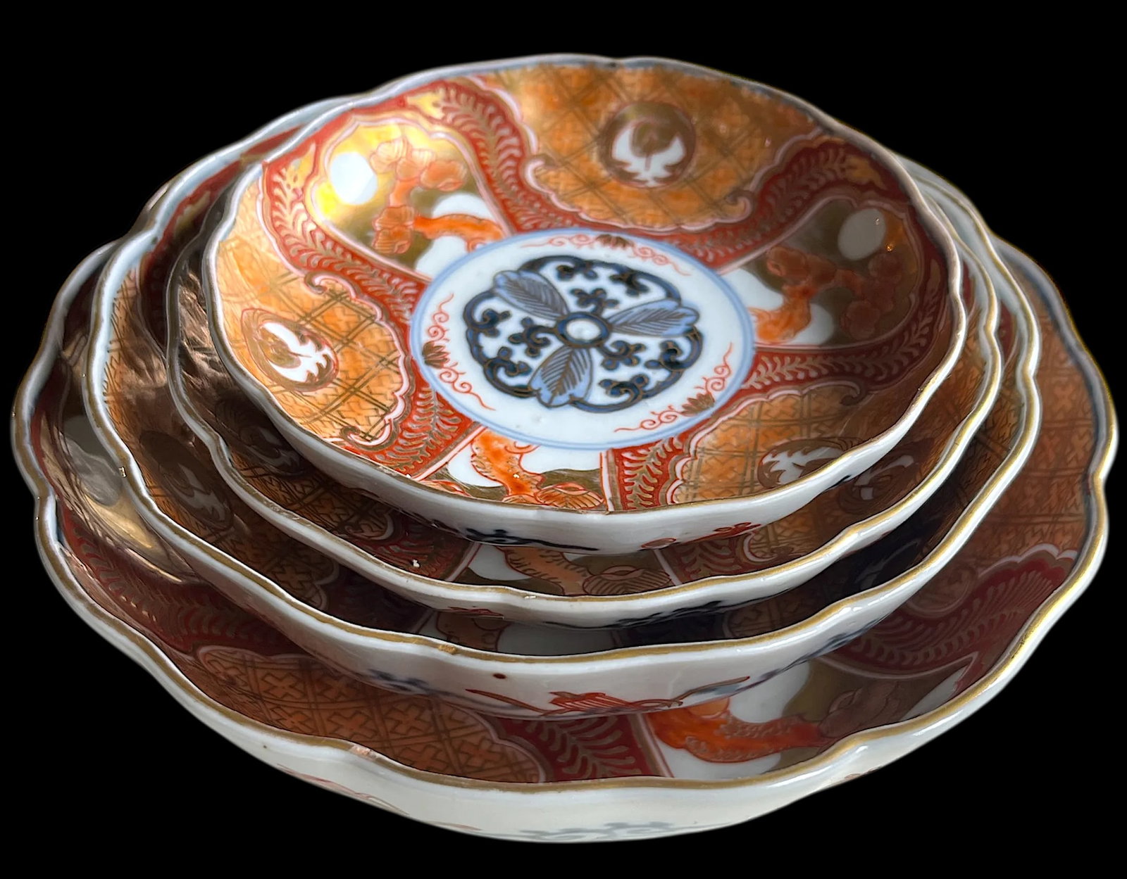 19th Century Japanese Meiji Period Marked Imari Fluted Footed Nesting Bowl Blue Fuku Mark Arita- Set - 3