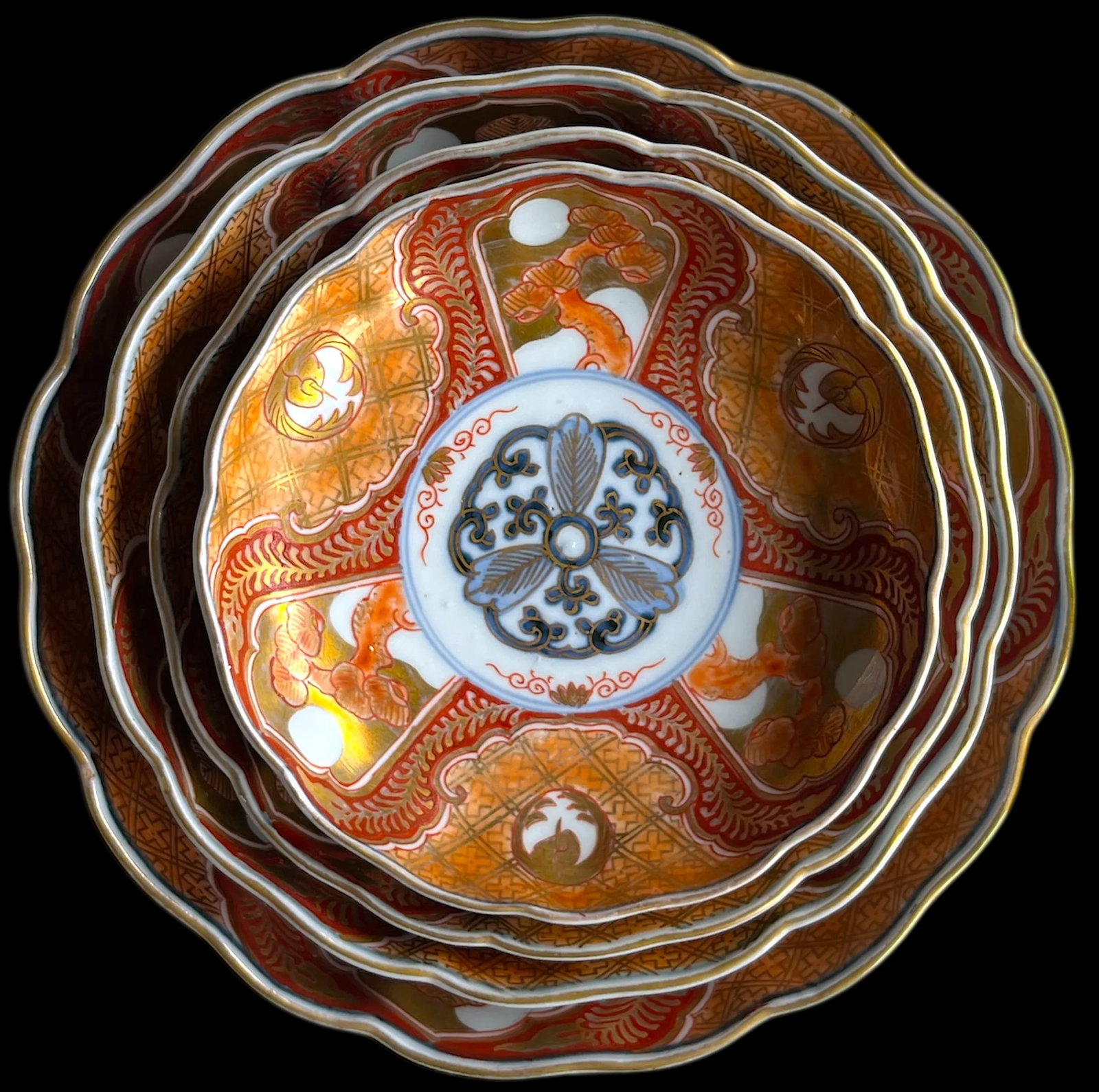 19th Century Japanese Meiji Period Marked Imari Fluted Footed Nesting Bowl Blue Fuku Mark Arita- Set - 4