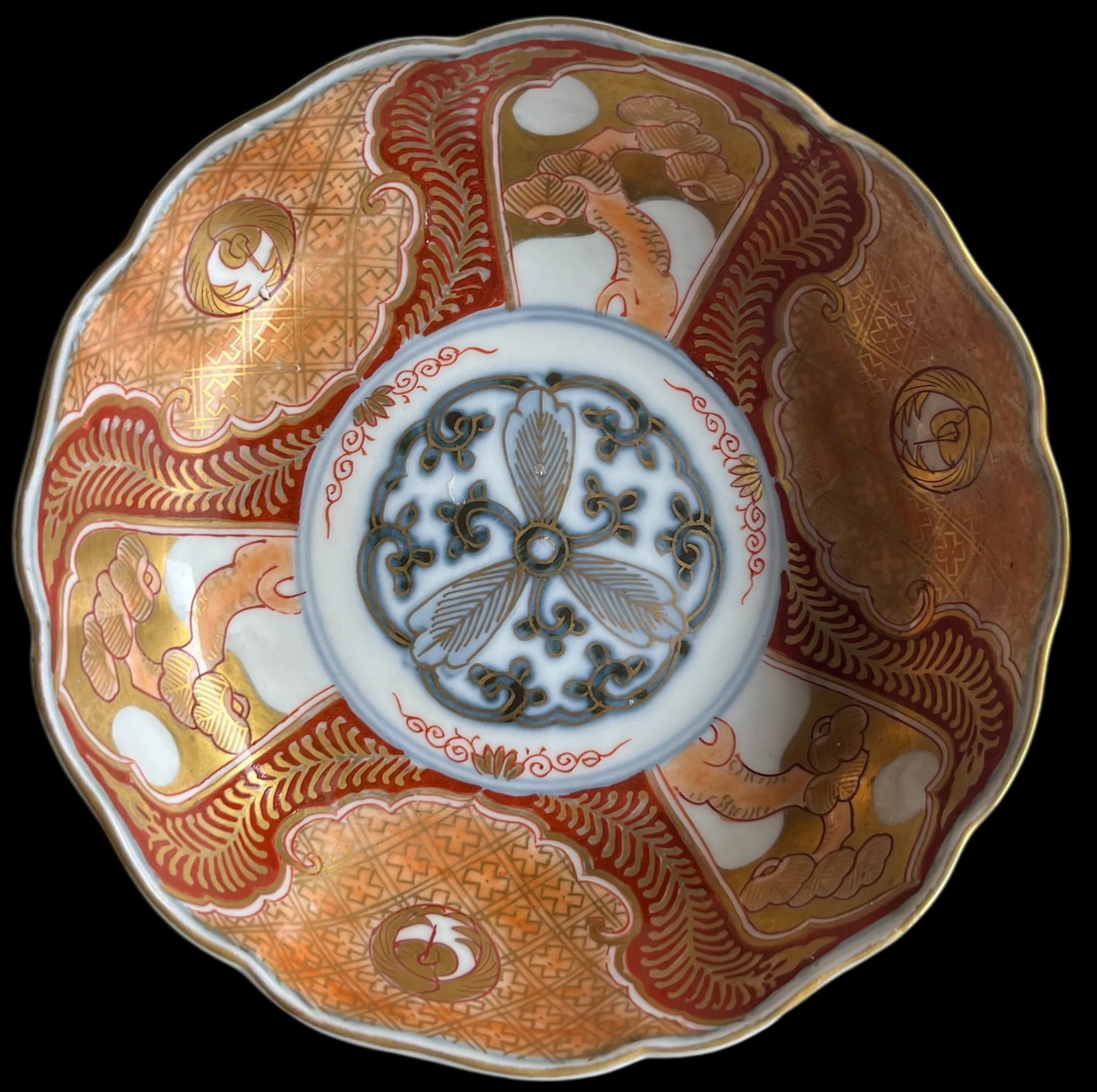 19th Century Japanese Meiji Period Marked Imari Fluted Footed Nesting Bowl Blue Fuku Mark Arita- Set - 5