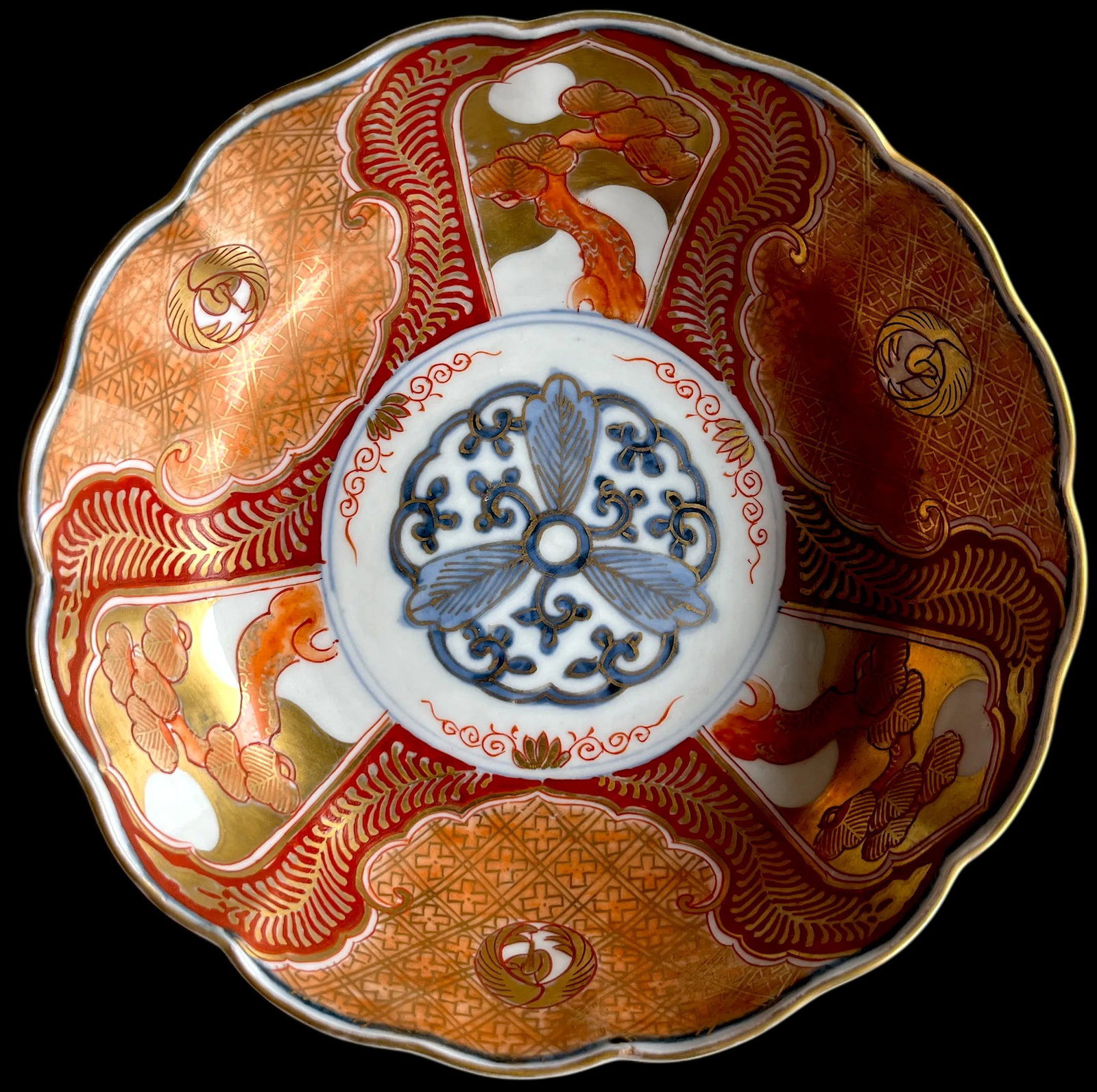 19th Century Japanese Meiji Period Marked Imari Fluted Footed Nesting Bowl Blue Fuku Mark Arita- Set - 6