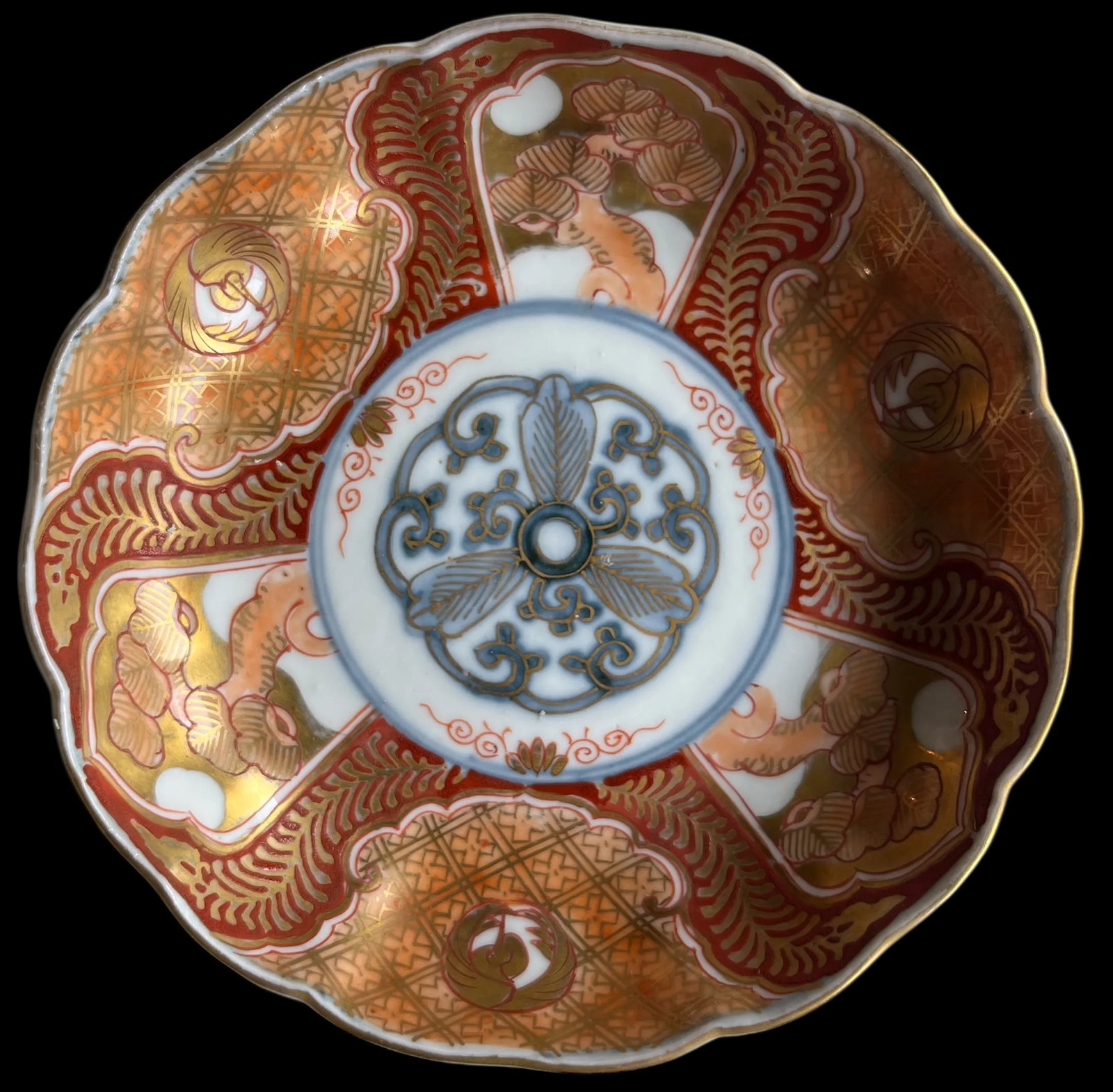 19th Century Japanese Meiji Period Marked Imari Fluted Footed Nesting Bowl Blue Fuku Mark Arita- Set - 7