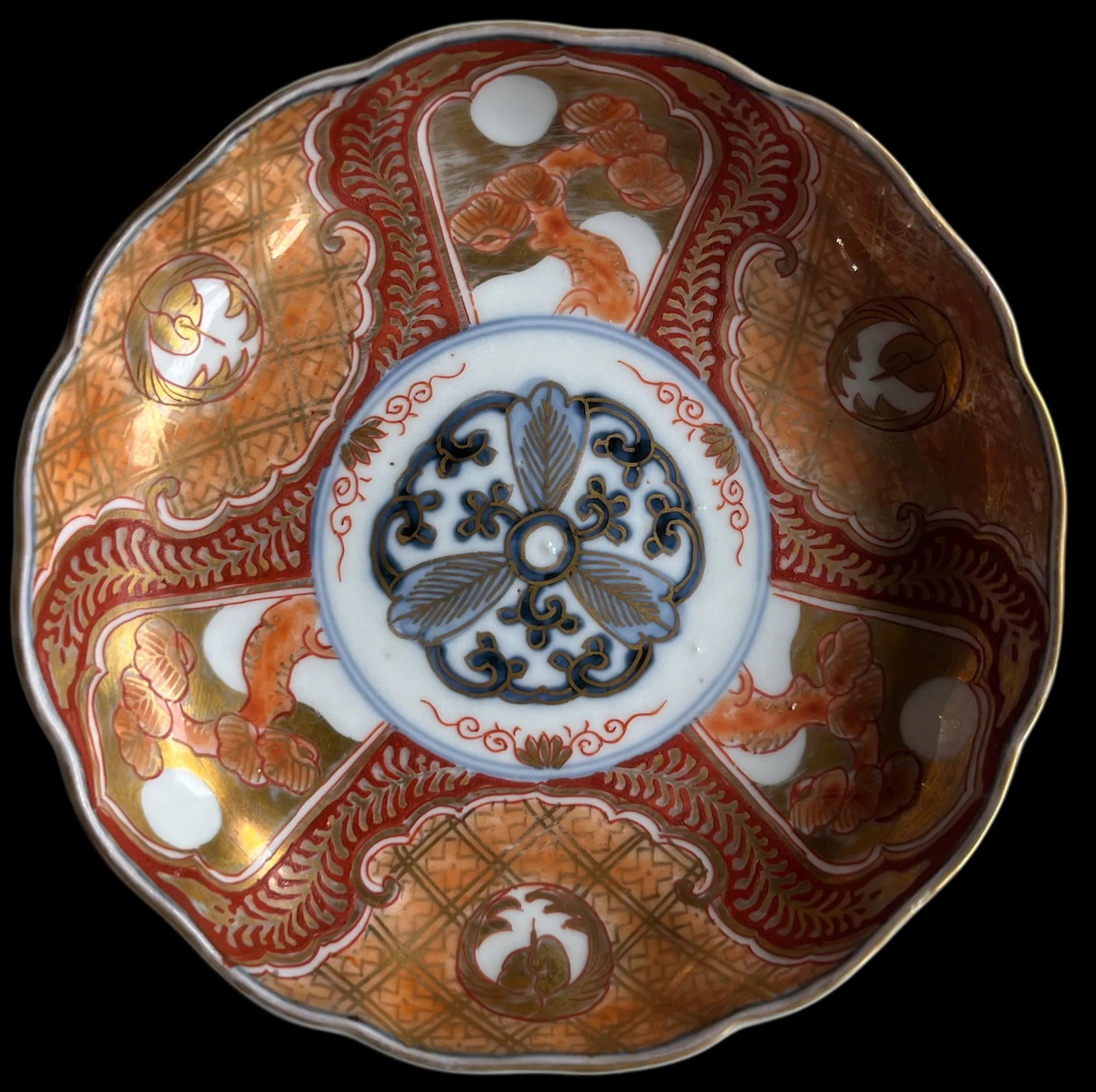 19th Century Japanese Meiji Period Marked Imari Fluted Footed Nesting Bowl Blue Fuku Mark Arita- Set - 8