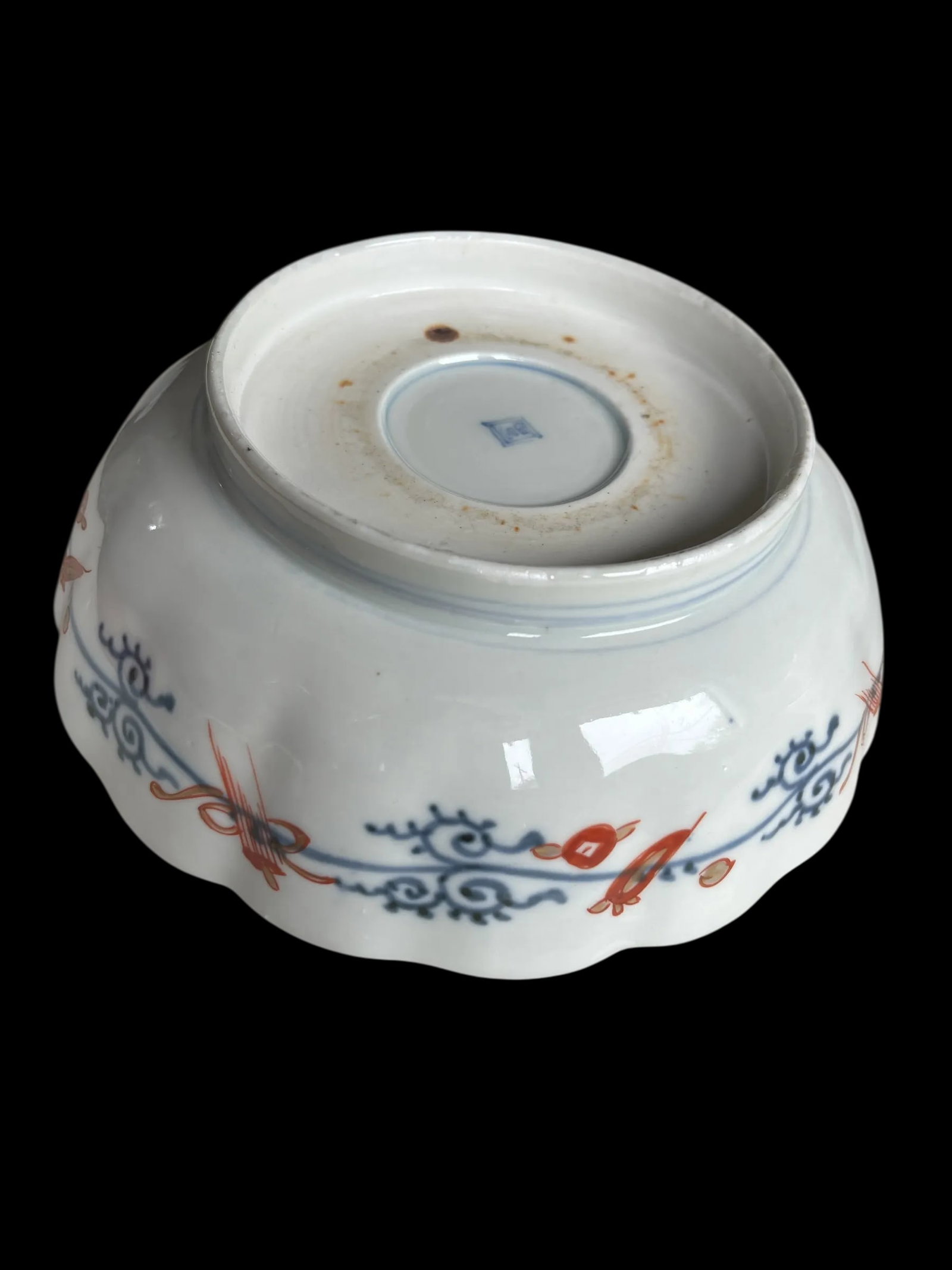 19th Century Japanese Meiji Period Marked Imari Fluted Footed Nesting Bowl Blue Fuku Mark Arita- Set - 9