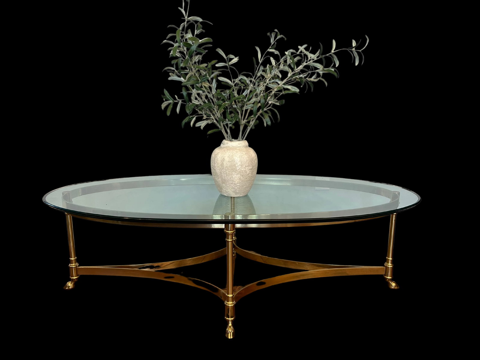 La Barge Attributed Mid-Century Oval Brass and Glass Coffee Table with Hoofed Feet, Patinated Brass - 10