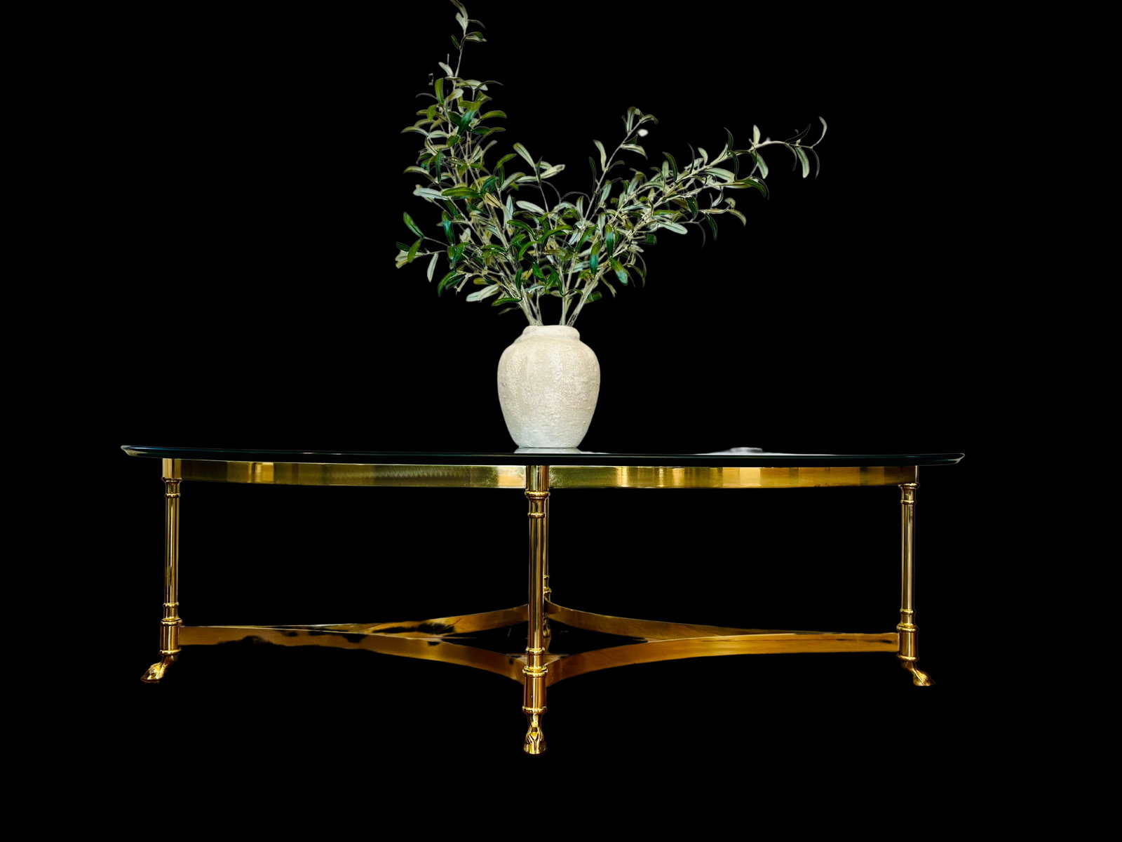 La Barge Attributed Mid-Century Oval Brass and Glass Coffee Table with Hoofed Feet, Patinated Brass - 11
