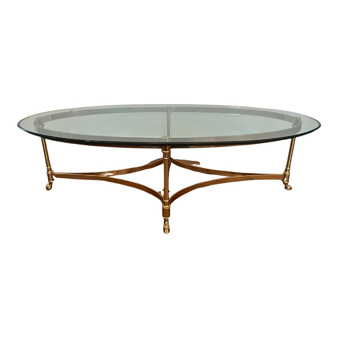 La Barge Attributed Mid-Century Oval Brass and Glass Coffee Table with Hoofed Feet, Patinated Brass (1 of 11)
