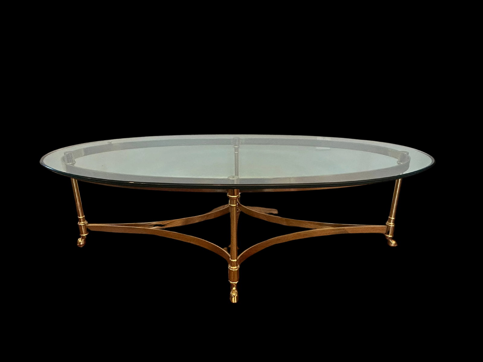 La Barge Attributed Mid-Century Oval Brass and Glass Coffee Table with Hoofed Feet, Patinated Brass - 2