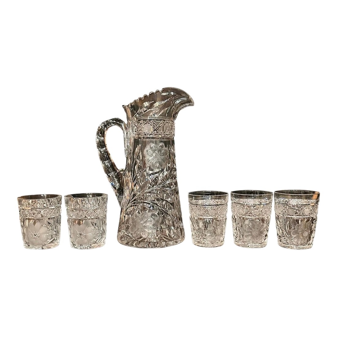Antique Hand Cut Crystal Pitcher Tumbler Glass Set American Brilliant Period by Meriden- 6 Pieces (1 of 9)