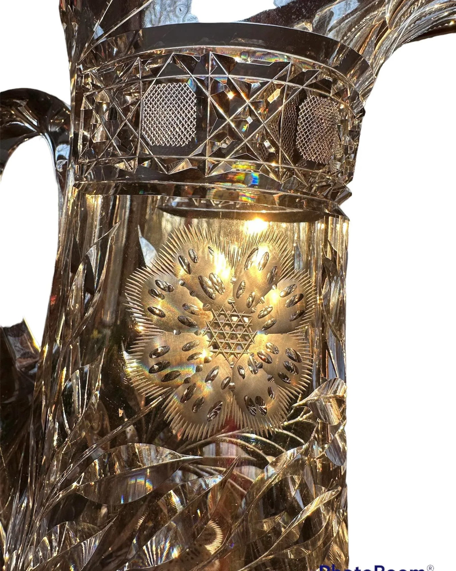 Antique Hand Cut Crystal Pitcher Tumbler Glass Set American Brilliant Period by Meriden- 6 Pieces - 3