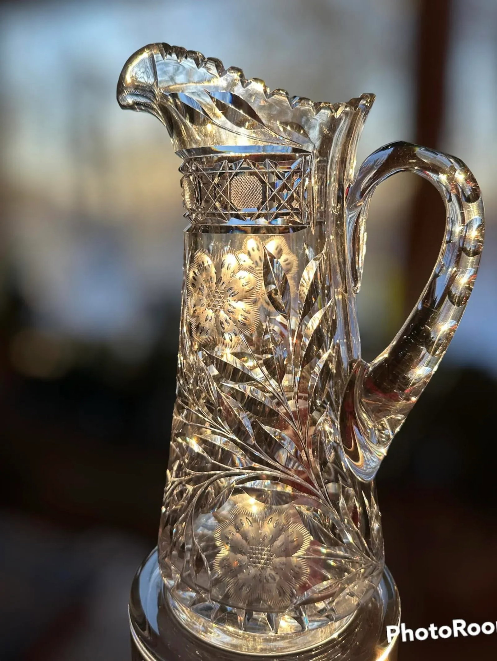 Antique Hand Cut Crystal Pitcher Tumbler Glass Set American Brilliant Period by Meriden- 6 Pieces - 4