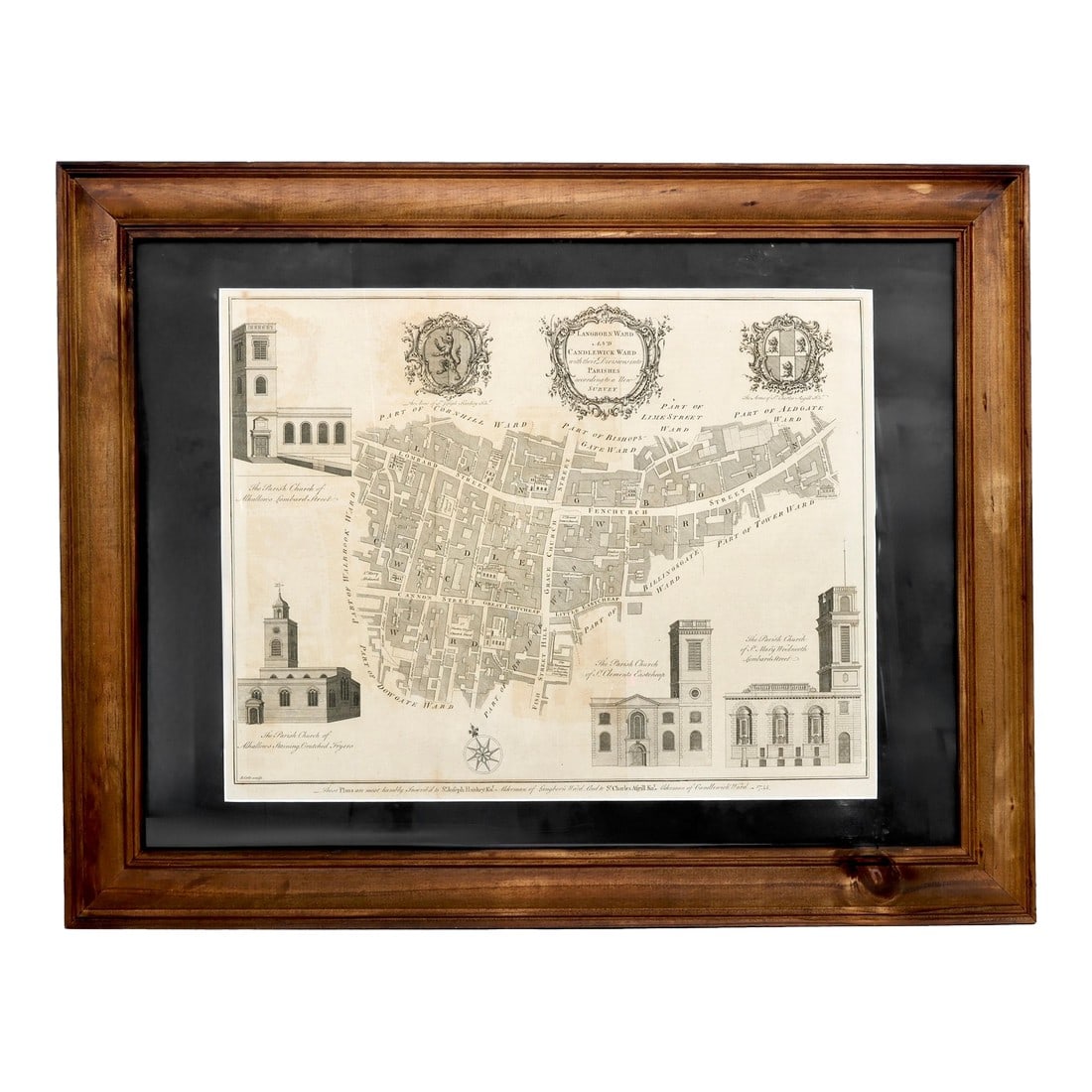 Framed Original 1755 Cartography Map of London: An original 1755 engraved map of London's Langborn and Candlewick Wards, beautifully detailed with parish boundaries, church elevations, and a rare civic dedication. Signed on the bottom left, Dated
