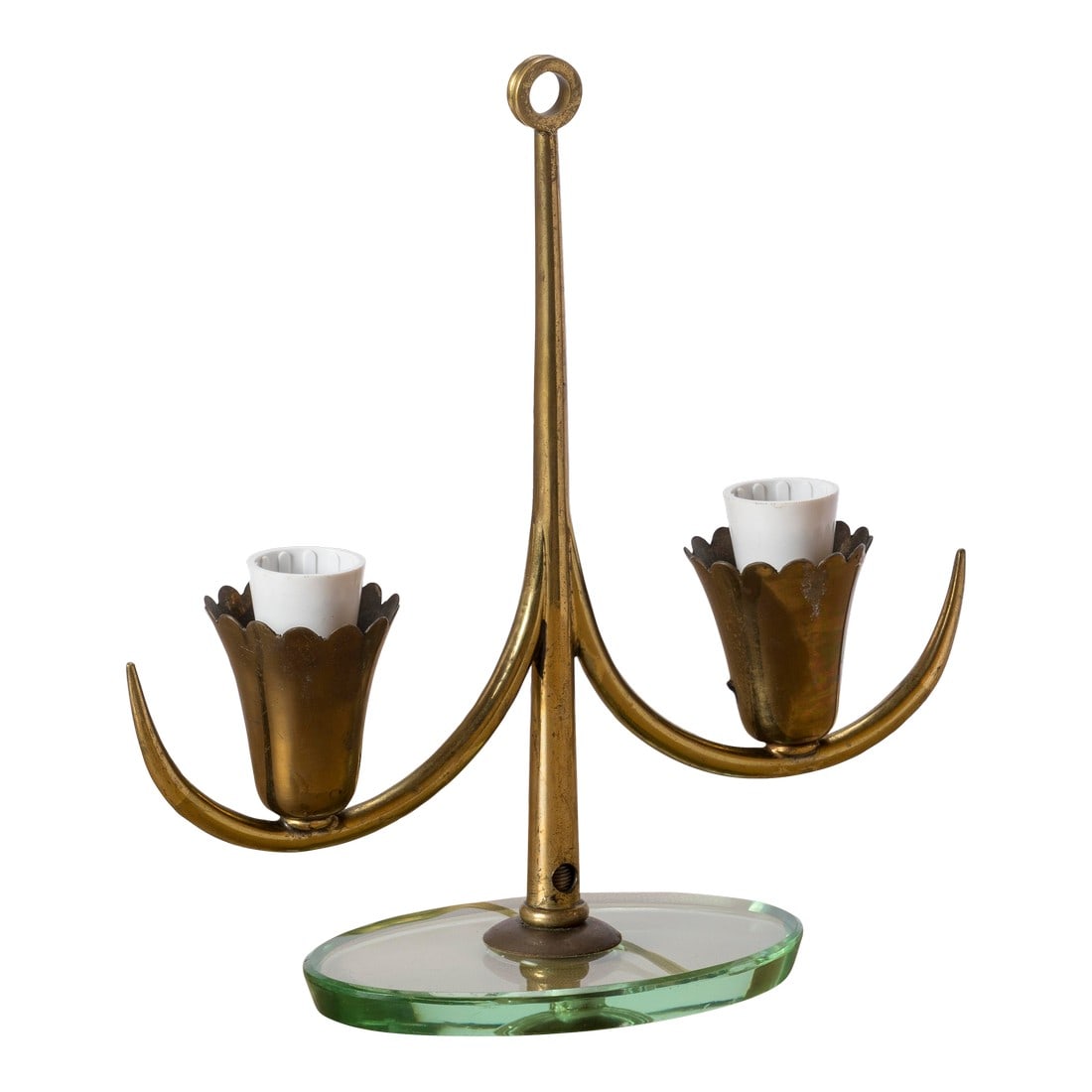 Petite Glass and Brass Table Lamp Att. Fontana Arte, Italy 1950s: Elegant table lamp attributed to Fontana Arte. Typical of Italian lighting productions from the '50s. Features a light green tinted glass base and a brass pole with two sockets. Condition: