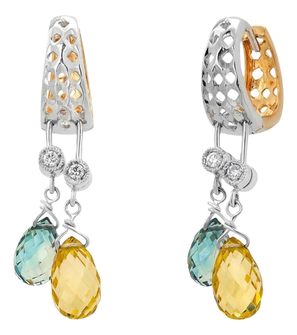 1990s 18k White Gold Diamond Yellow and Green Sapphire Briolette Drops Hoop Earrings, Set of 2: A Vibrant Fusion of Luminous Sapphires and Classic Elegance Add an alluring pop of color to your accessory lineup with these 18K White Gold Vintage Drop Earrings, featuring green and yellow sapphire