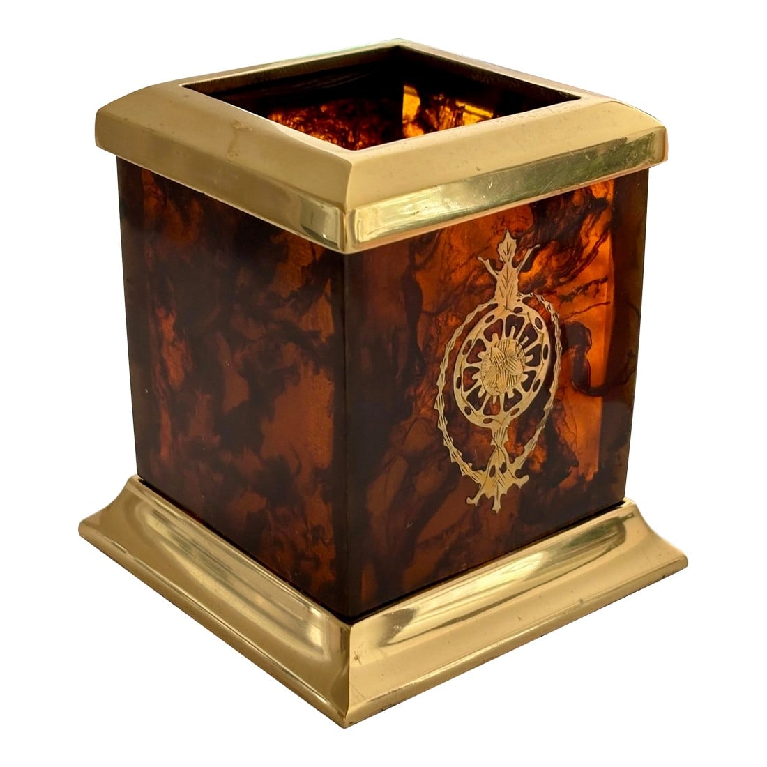 1980s Lucite Tortoiseshell Pencil Cup: Beautiful vintage Bombay pencil cup in a lucite tortoiseshell with gold touches. Styled after Maitland-Smith. Please see condition details noted, which include some surface imperfections in the gold