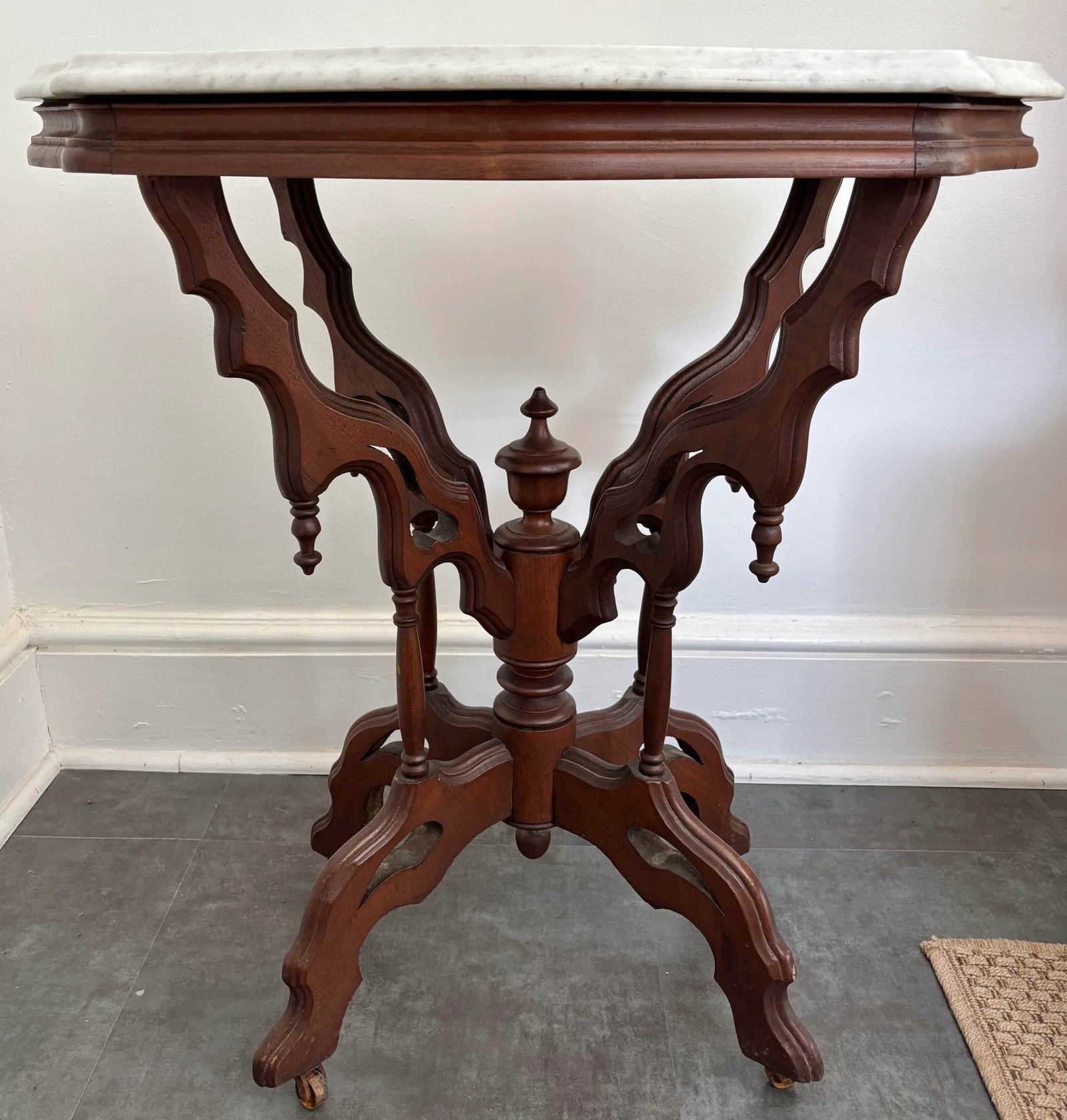 1800s Victorian Carved Mahogany Marble Top Table on Casters - 3