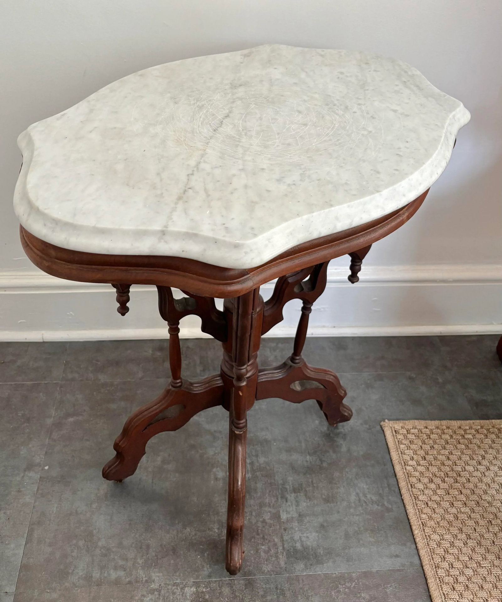 1800s Victorian Carved Mahogany Marble Top Table on Casters - 6