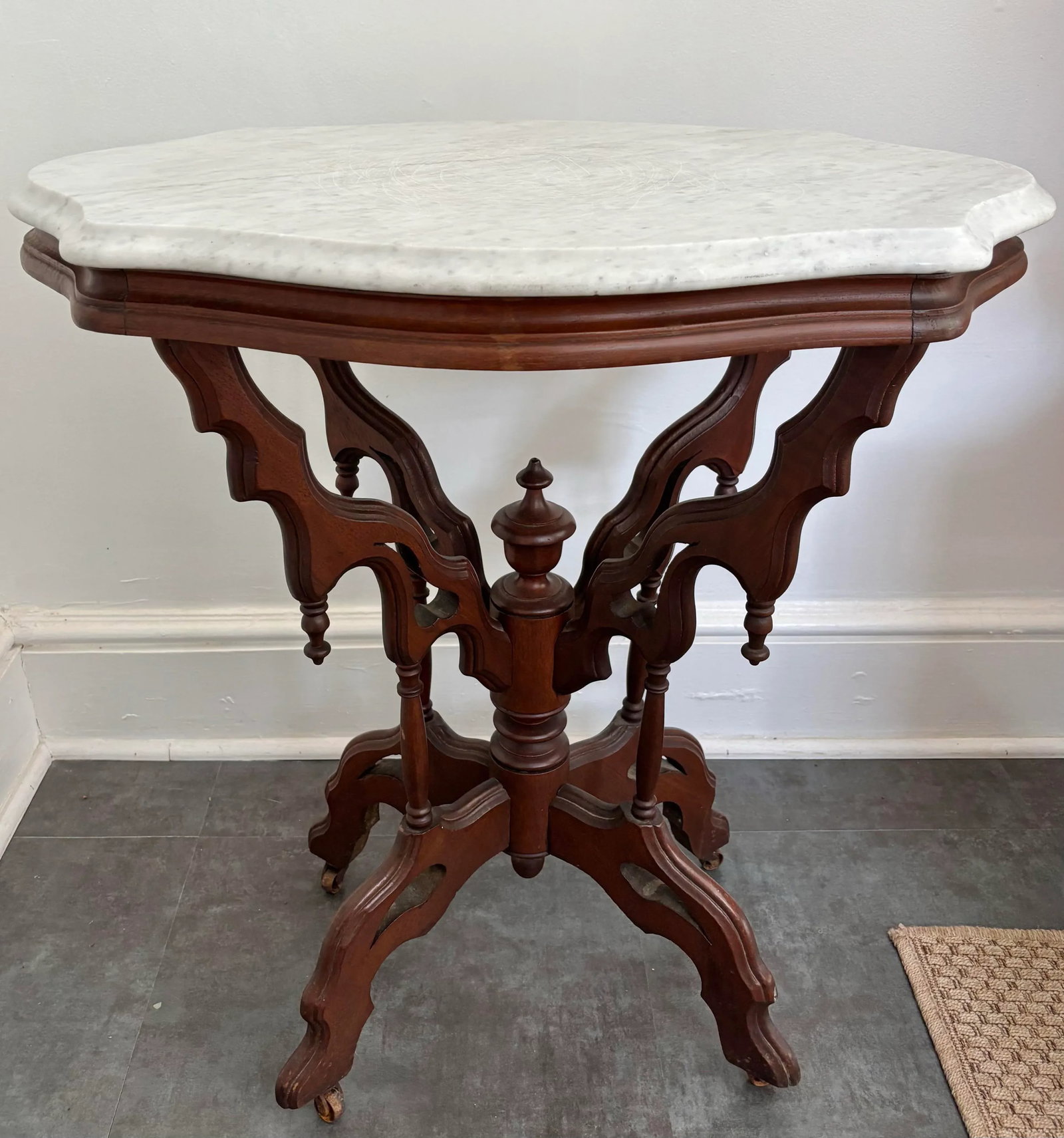 1800s Victorian Carved Mahogany Marble Top Table on Casters - 9
