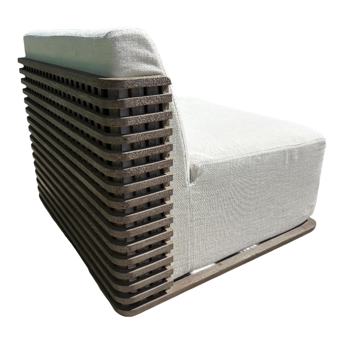 RH Trelica Teak Outdoor Lounge Chair: RH Trelica Teak Lounge Chair – Weathered Teak & PerennialsÂ® Performance Linen Weave Condition: Very Good (Used for Upscale Outdoor Retail Staging) A sculptural showpiece grounded