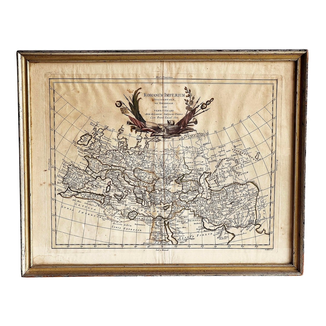 Antique c.1785 Antonio Zatta Map of the Roman Empire Romanum Imperium Engraved Map Framed: A rare original c.1785 copperplate engraved map of the Roman Empire by renowned Venetian cartographer Antonio Zatta, titled 'Romanum Imperium Occidentale et Orientale' (Western and Eastern Roman