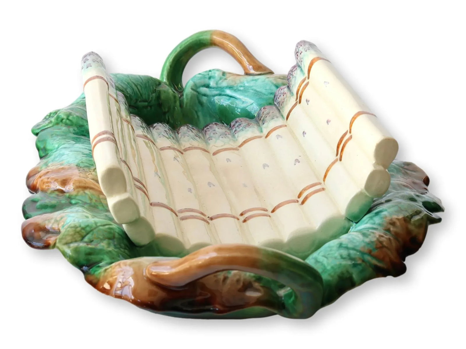 Antique French Creil Et Montereau Barbotine Majolica Asparagus Cradle - 8