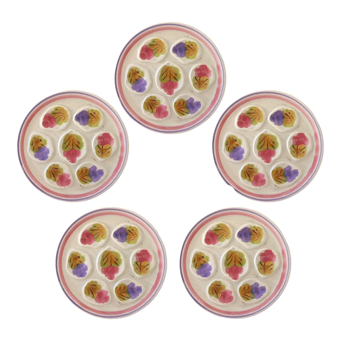 Vintage French Stoneware Oyster Plates, Set of 5: Set of five 1970s hand-painted oyster plates by Pornic MBFA Ninon. Crafted for both function and charm, each plate holds six oysters, making them perfect for entertaining or display. A unique blend