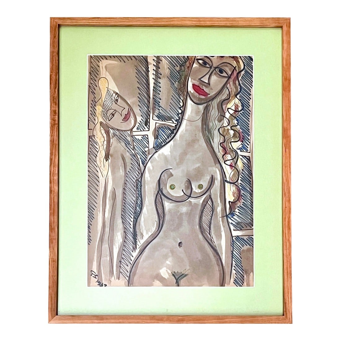 Framed MidCentury 1950s Figurative Abstract Cubist Double Female Nude Watercolor by Fred Schwartz: Captivating 1950s ink and watercolor work by important artist Fred Schwartz depicting two female figurative abstractive nudes in a bold, cubist-inspired style. The composition features exaggerated fea