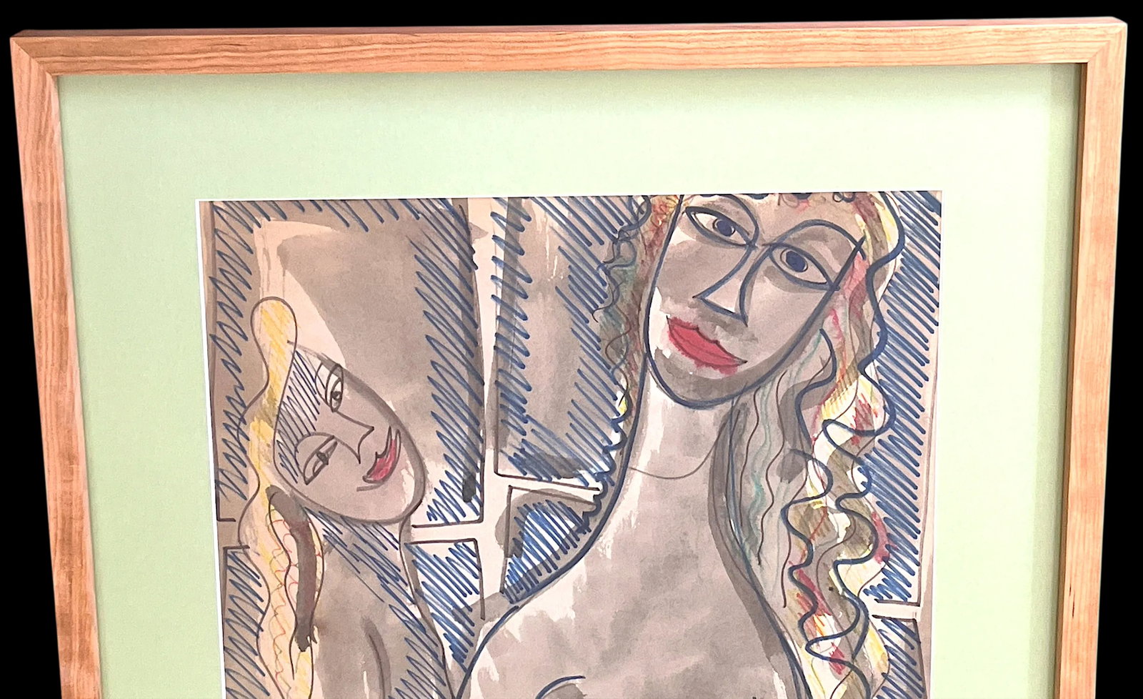 Framed MidCentury 1950s Figurative Abstract Cubist Double Female Nude Watercolor by Fred Schwartz - 5