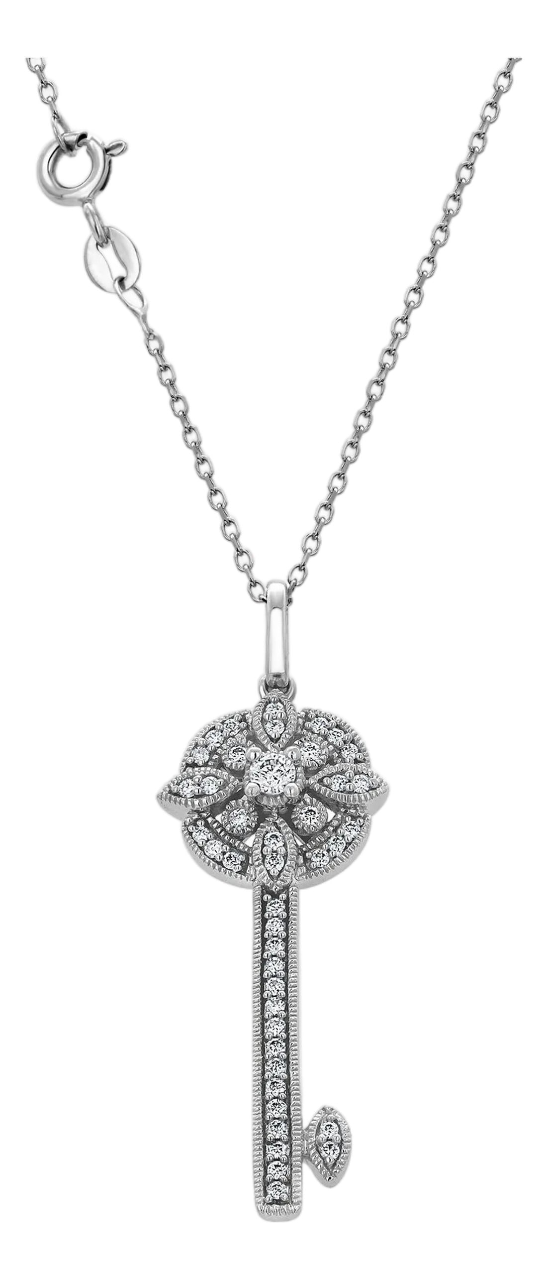 14k White Gold Diamond Key Pendant Necklace 1.5 Inch Long: Unlock timeless elegance with this dazzling 14K White Gold Diamond Key Pendant, a stylish symbol of love, opportunity, and sophistication. Exquisitely crafted in 14K white gold and detailed with