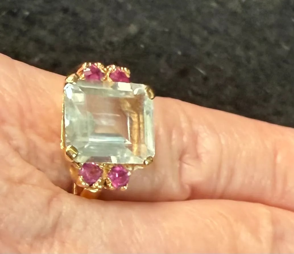 Aquamarine and Ruby Ring 14k Yellow Gold - 7