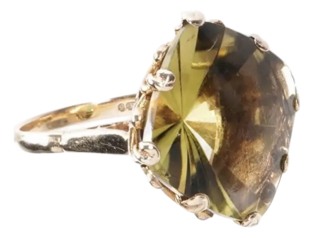 Antique English Yellow Gold Citrine Ring, Size 8: Antique English 9K yellow gold ring with citrine stone. Stone is approximately 18mm x 18mm x 9mm. 10 grams total weight. Ring size 8. Ring has maker's mark and the numbers 9 375 on reverse side along
