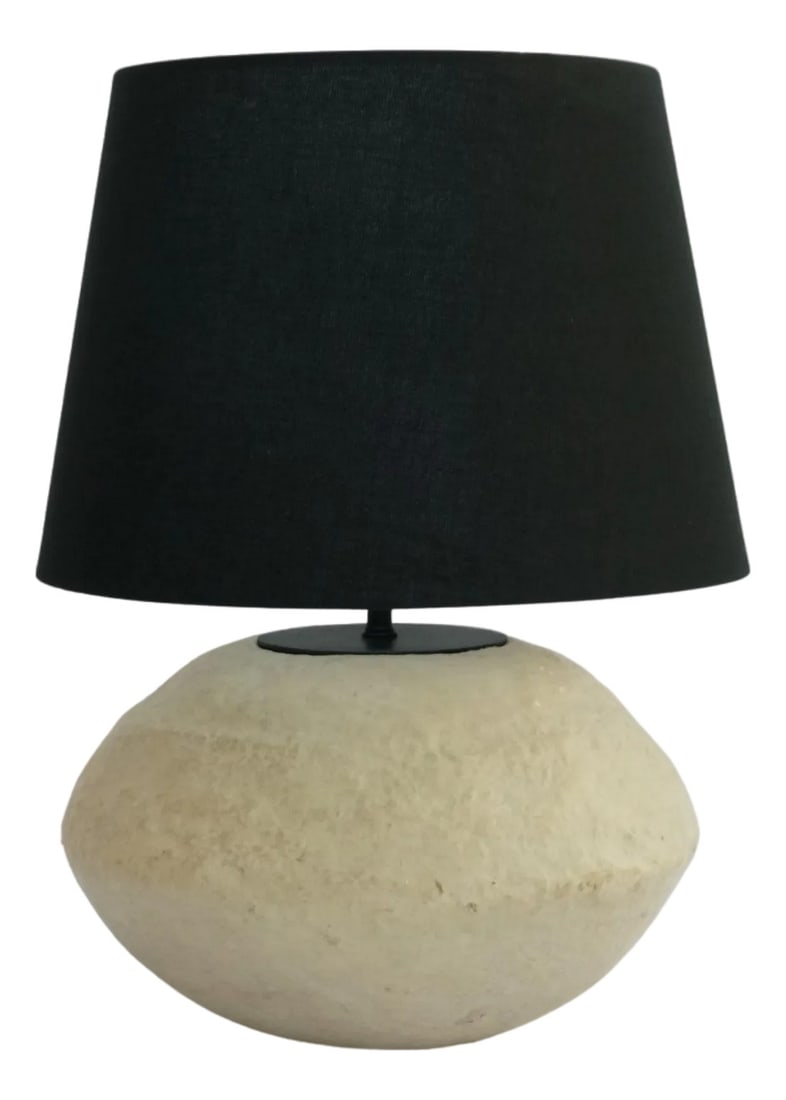 Custom Sculptural Paper Mâché Table Lamp – Organic Round Bottom Modern Design With: This custom paper mâché table lamp features a sculptural, organic silhouette with a naturally textured, off-white finish. Its hand-crafted base evokes aged plaster or carved stone, making it