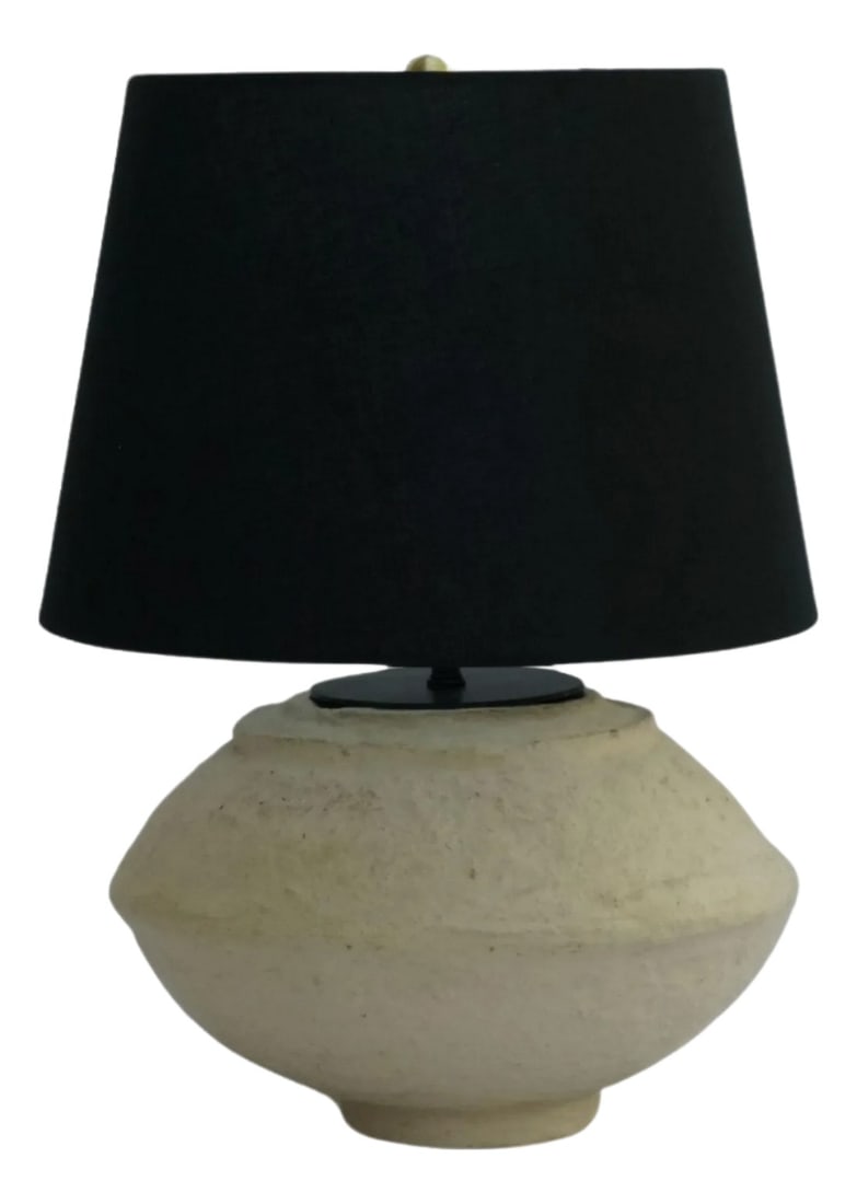 Custom Sculptural Paper Mâché Table Lamp – Organic Modern Design With Black Linen: This custom paper mâché table lamp features a sculptural, organic silhouette with a naturally textured, off-white finish. Its hand-crafted base evokes aged plaster or carved stone, making it