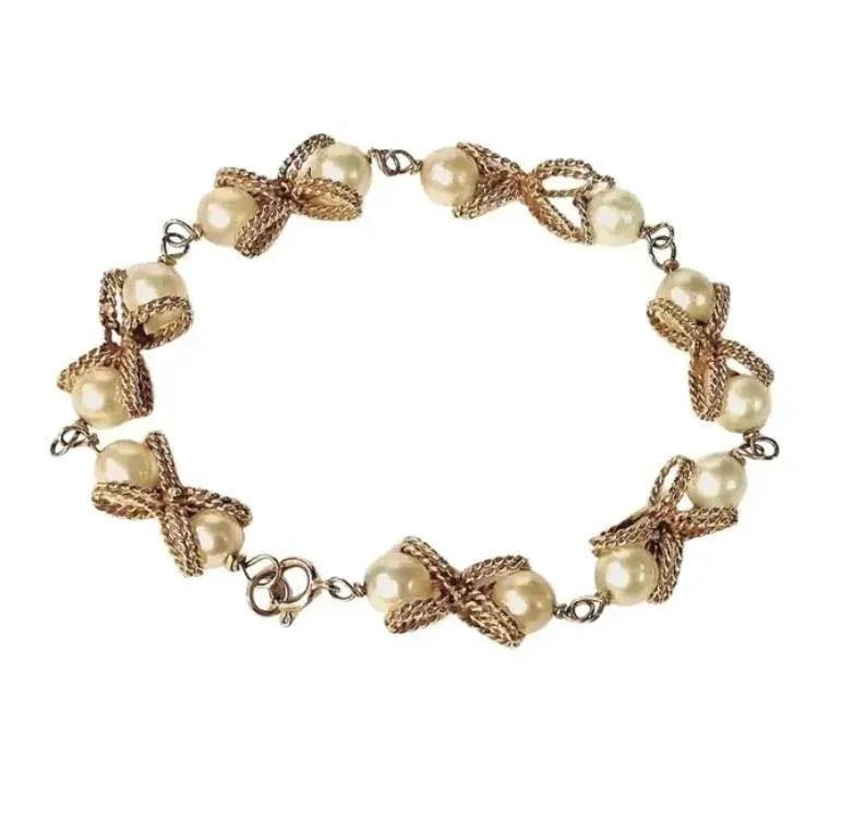 Vintage 14k Yellow Gold and Pearl Bracelet - 6