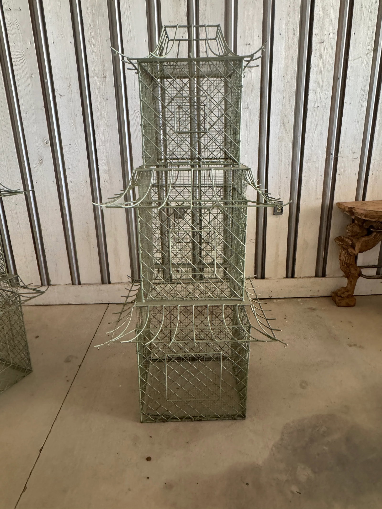 Pair of Monumental Chinoiserie Style Painted Iron Pagoda-Form Birdcages - 10