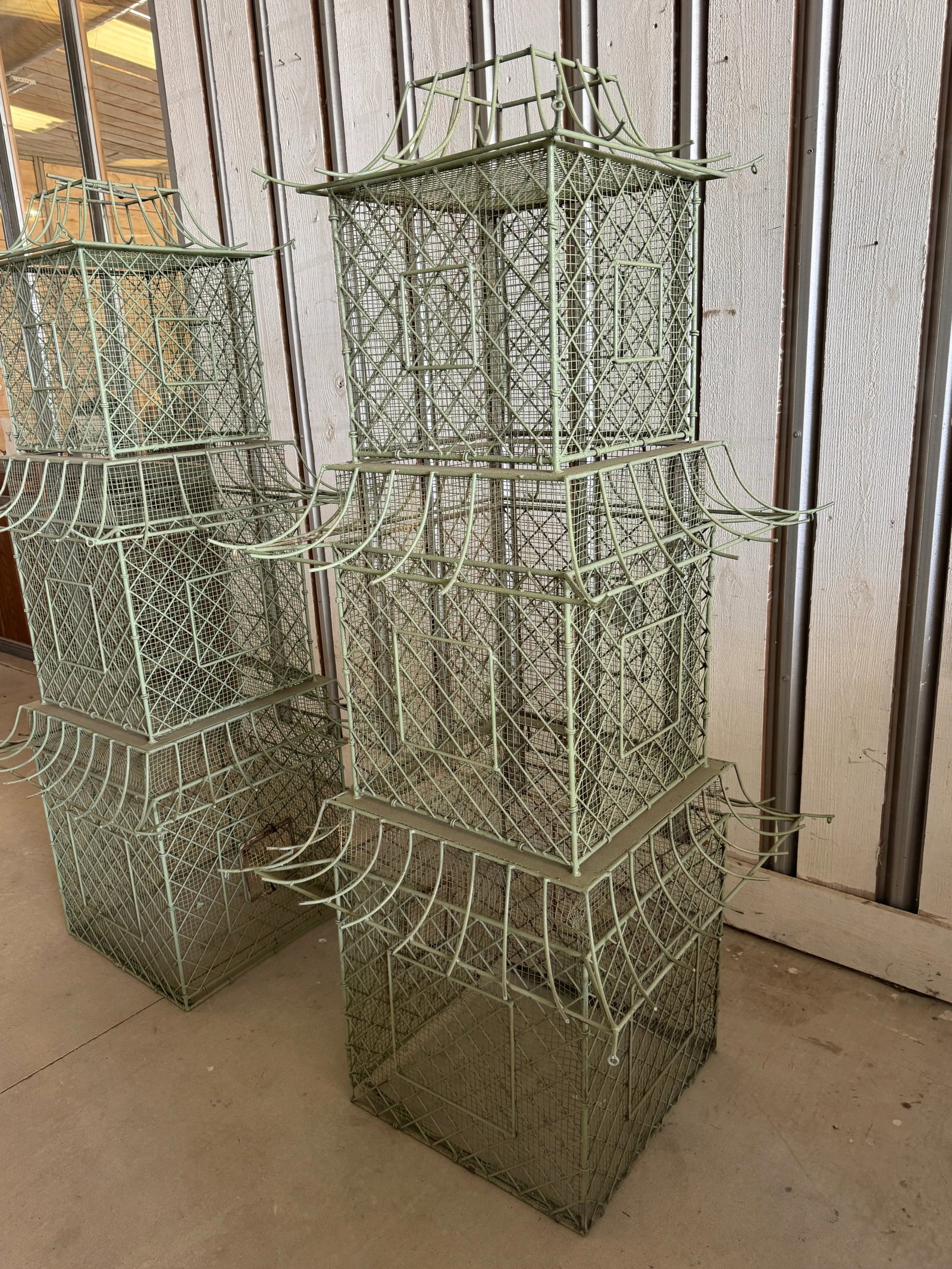 Pair of Monumental Chinoiserie Style Painted Iron Pagoda-Form Birdcages - 6