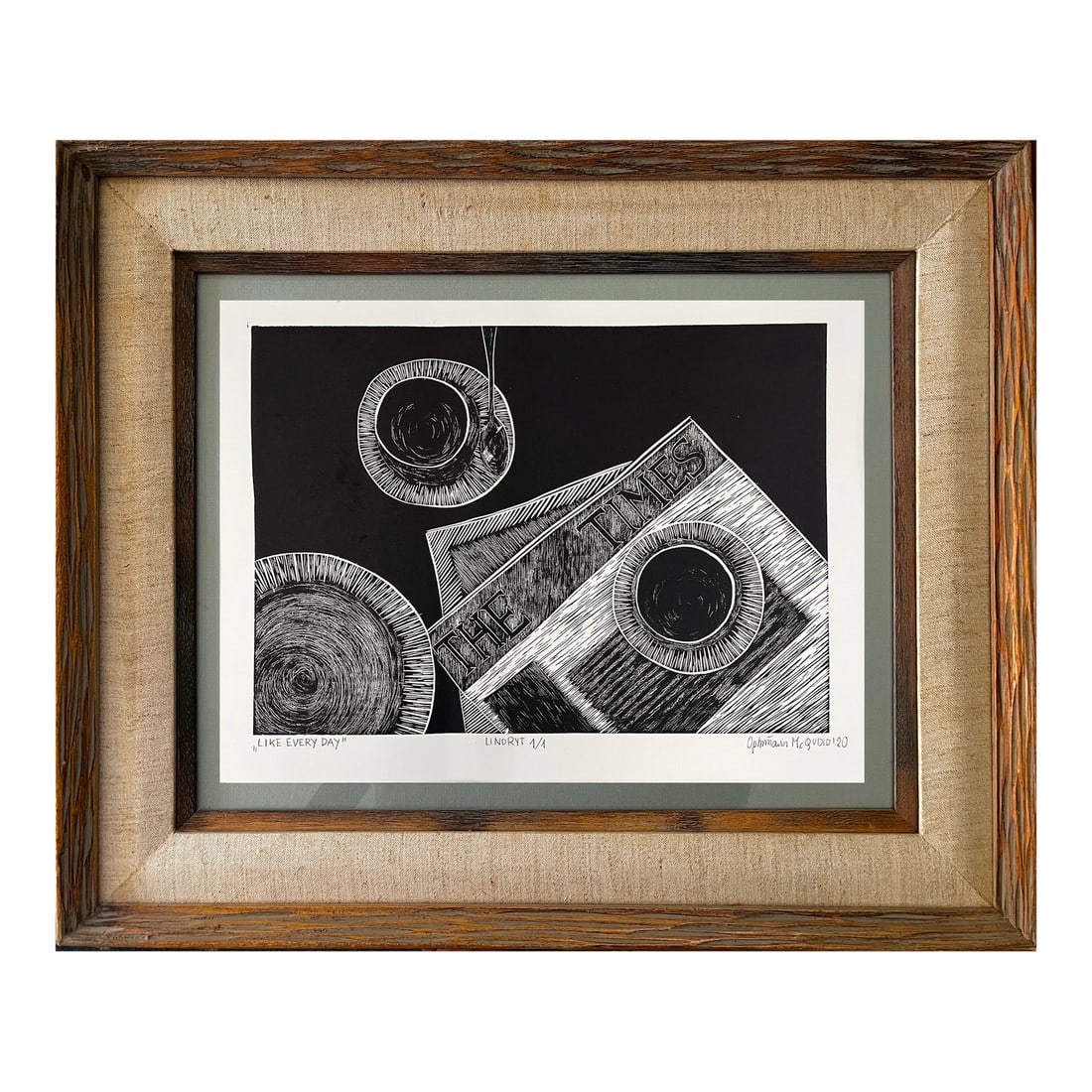 Framed Original Black and White Linocut Print, "Like Every Day" "” Coffee & the New York Times: Start your morning with this striking black-and-white linocut print titled "Like Every Day" by Ophmarin McQuidid, signed and dated 2020. The hand-pulled print features a daily ritual rendered in