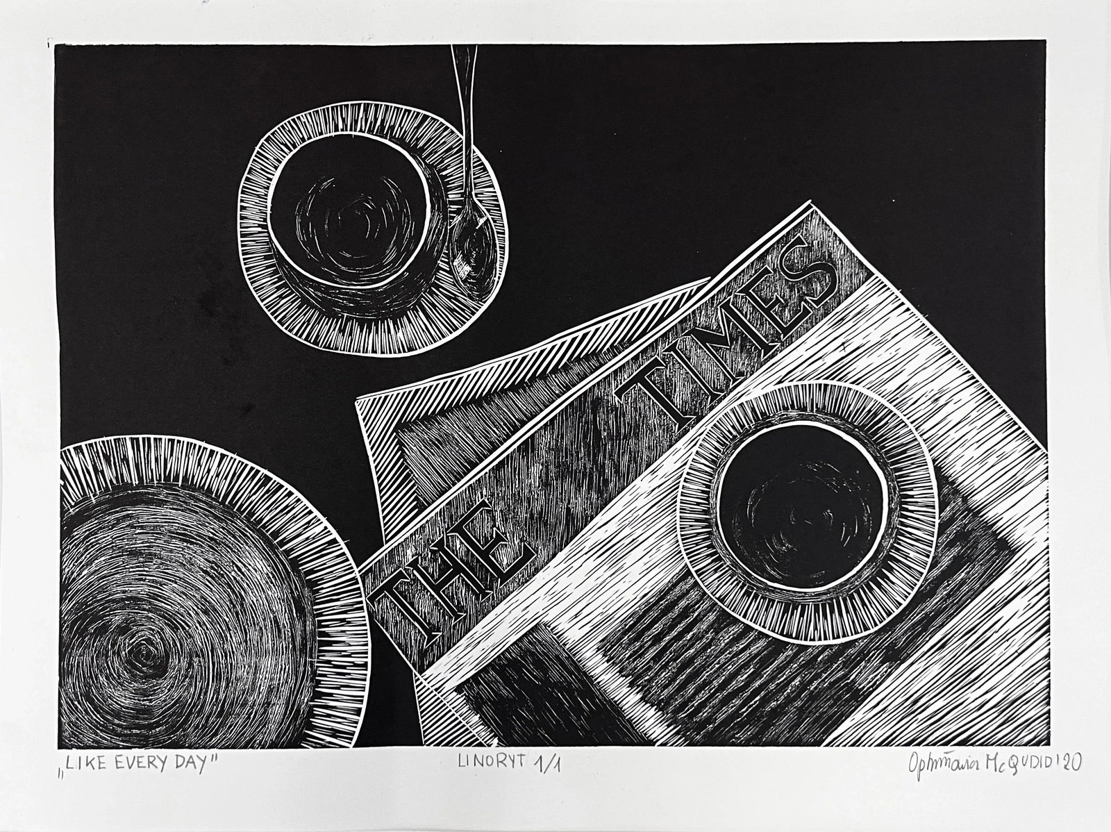 Framed Original Black and White Linocut Print, "Like Every Day" "” Coffee & the New York Times - 3