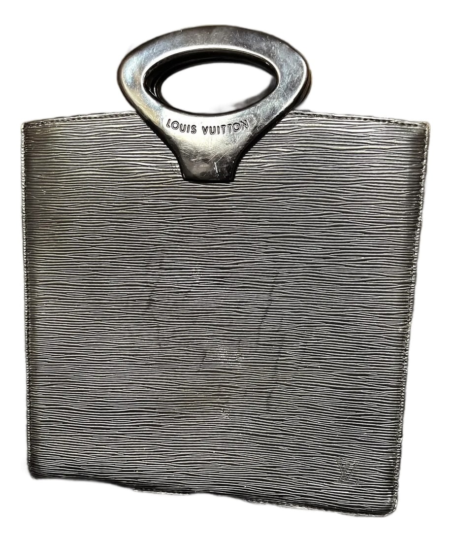 Vintage 1980s Louis Vuitton Black Epi Ombre Clutch With Resin Handles: Late 1980s Louis Vuitton Black Epi Ombre handbag in textured black Epi leather with a flat, structured envelope silhouette. The bag has a single resin top handle stamped with "Louis Vuitton." The