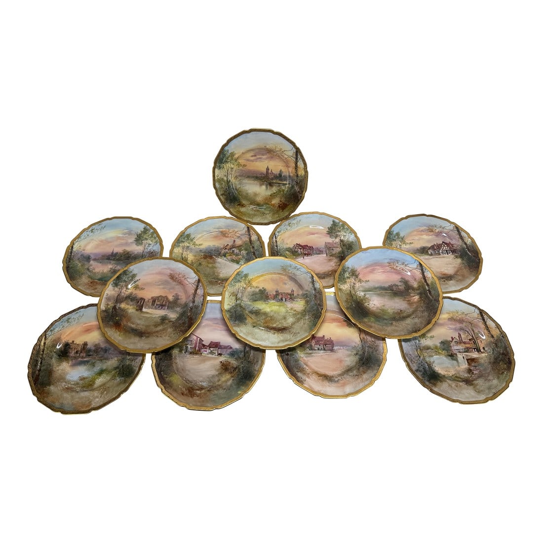 12 Royal Doulton "Shakespeare's Country" Cabinet Plates by J. Hughs C. 1902-22: Set of Twelve Royal Doulton "Shakespeare's Country" Artist-Signed Scenic Plates by J. Hughs, for Ovington Bros., New York, Circa 1902–1922 A rare and complete set of twelve hand-painted cabinet