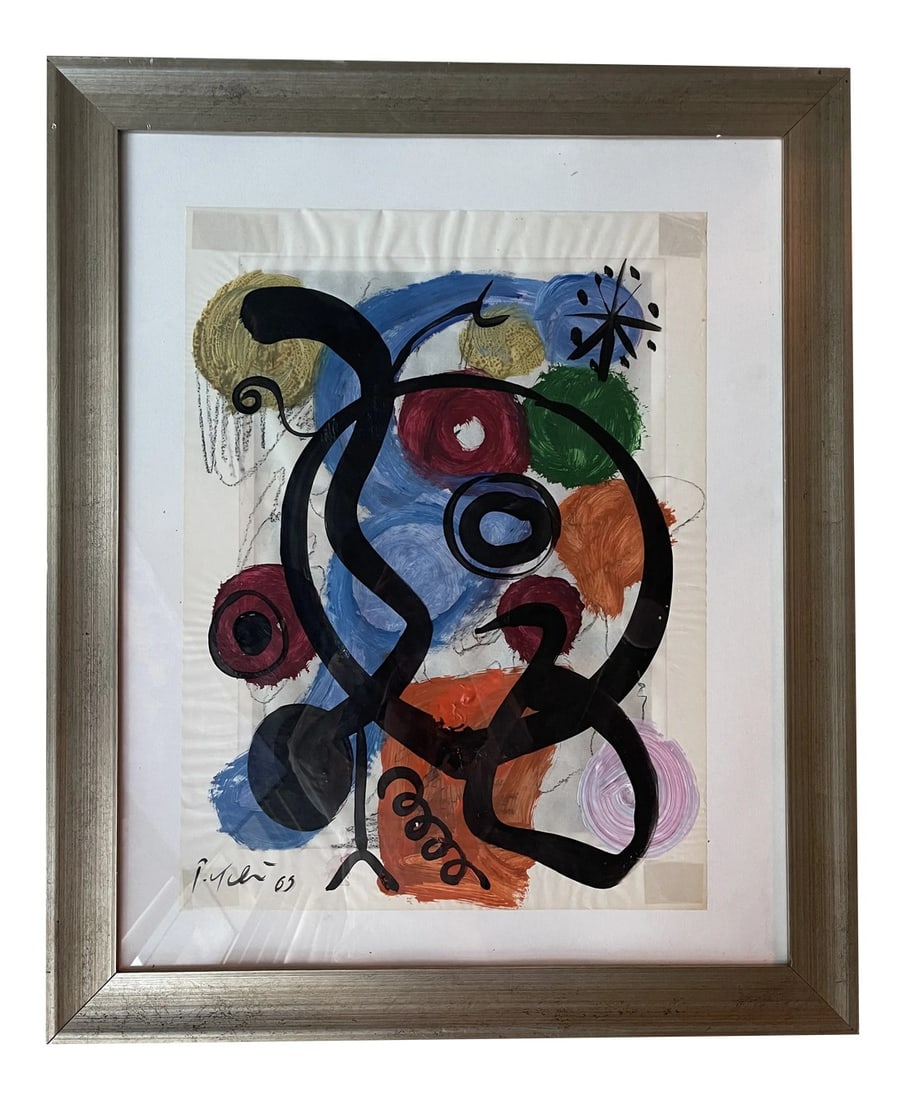 Mid 20th Century Abstract Expressionist Figurative Mixed-Media Painting by Peter Keil, Framed: Peter Keil is a German artist that focuses primarily on abstract expressionism. Keil painted with some of the greats including Joan MirÃ³, Pablo Picasso and Andy Warhol, to name a few. This 