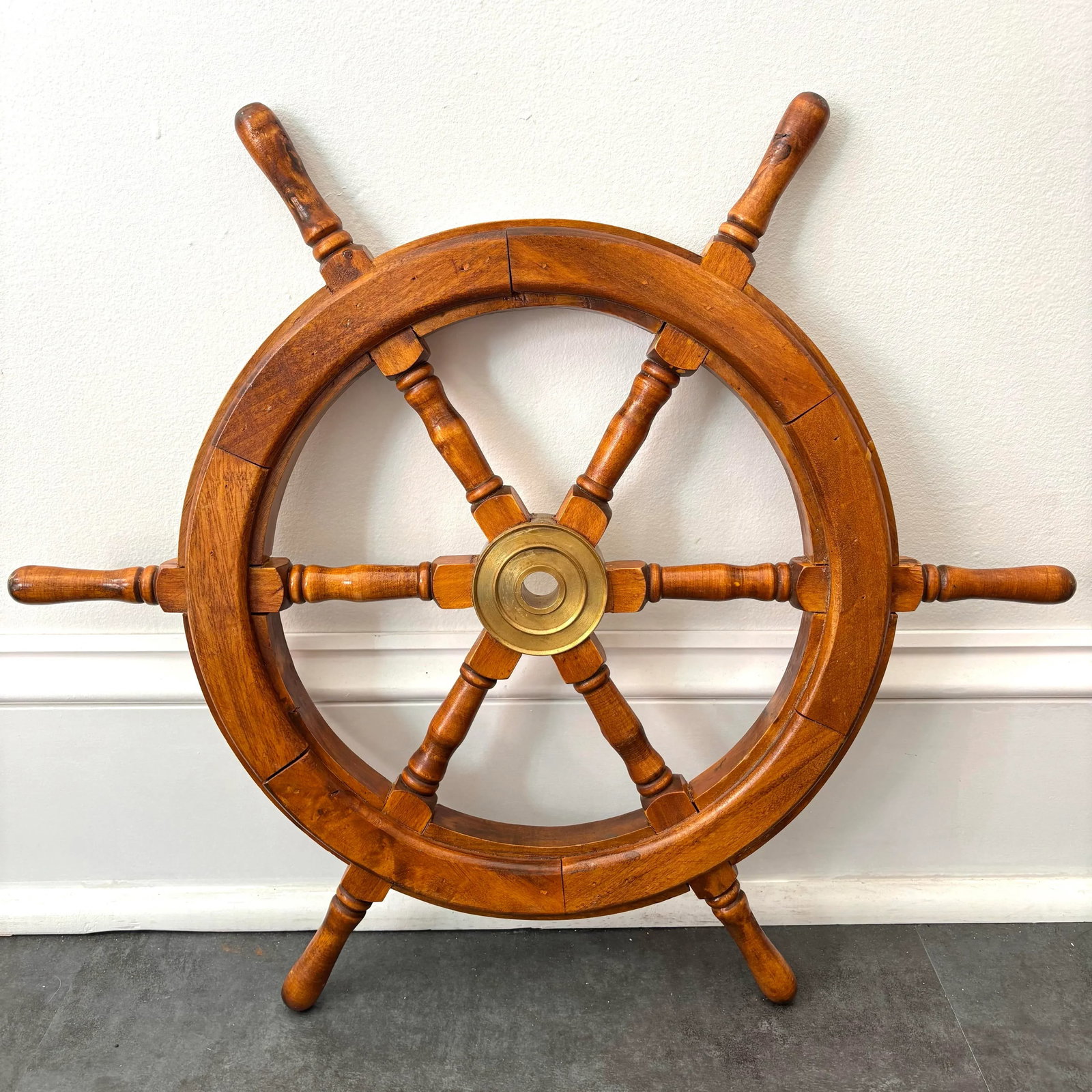 Vintage Authentic Nautical Sailboat Wheel With Brass Hub - 5