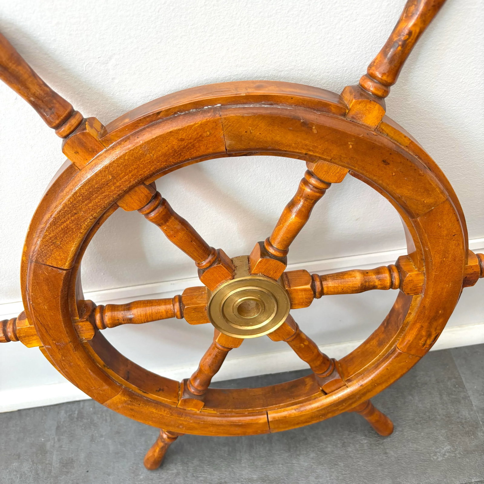 Vintage Authentic Nautical Sailboat Wheel With Brass Hub - 9