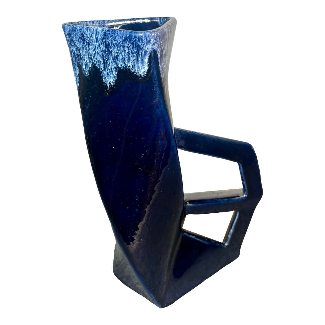Vintage Van Briggle Drip Glaze Art Pottery Vase: Art deco style deep blue/black high drip glazed art pottery vase by Van Briggle. Unique angled design with handle. Marked to underside. Condition: Alterations: Original Condition Unaltered