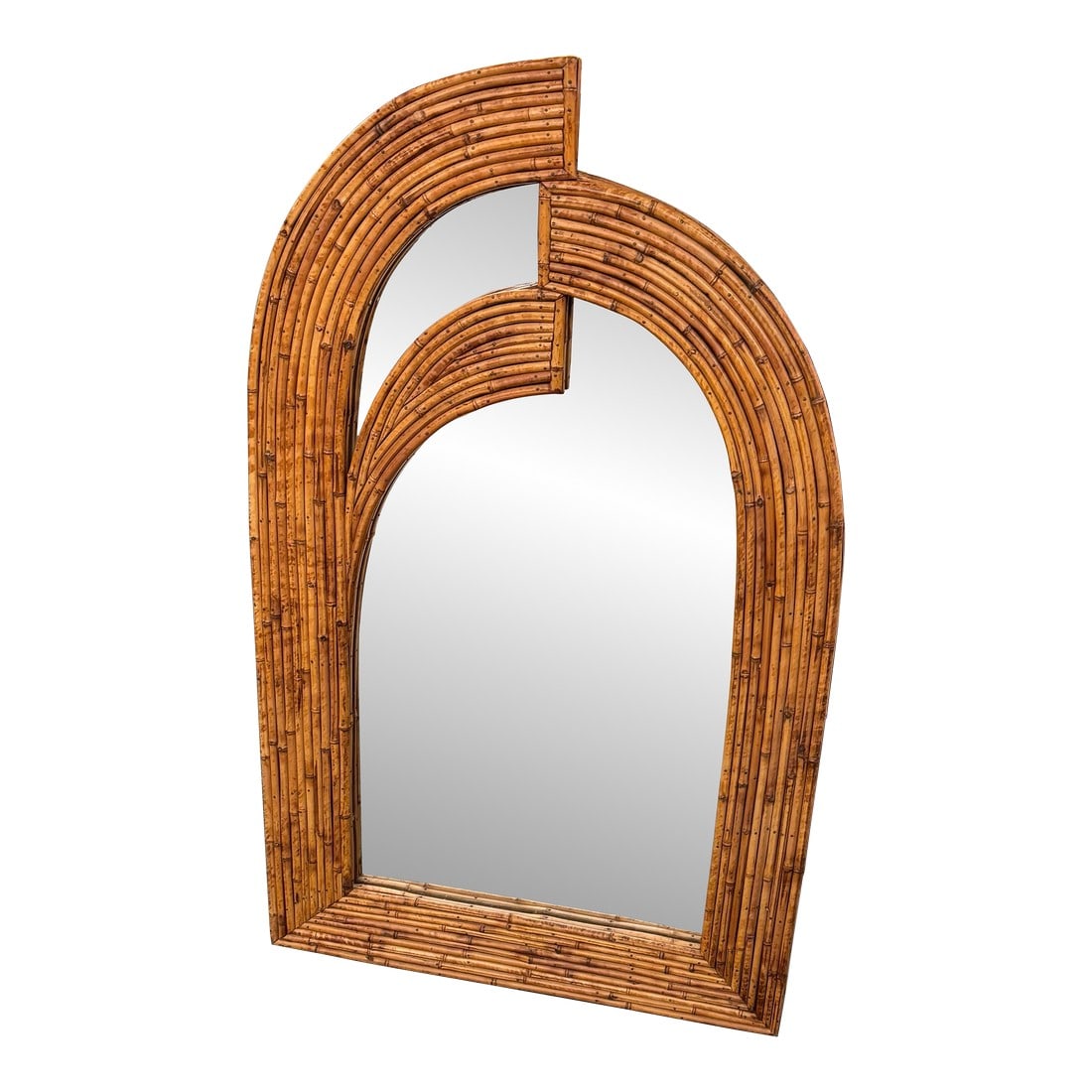 1970s Garbriella Crespi Style Pencil Bamboo Asymmetrical Arch Mirror: 1970s Gabriella Crespi style pencil bamboo asymmetrical form arched mirror. Unmarked. Will be packaged and shipped by UPS professionals. Please see condition details noted. I ship quickly and conscien