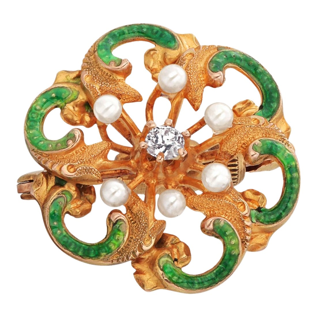 Vintage 18k Yellow Gold Diamond & Pearl Enameled Pin Brooch: A Refined Fusion of Color and Classic Elegance Indulge in the charm of a bygone era with this Antique 18K Yellow Gold Pin Brooch, beautifully accented by a 0.10-carat round diamond, a halo of six seed