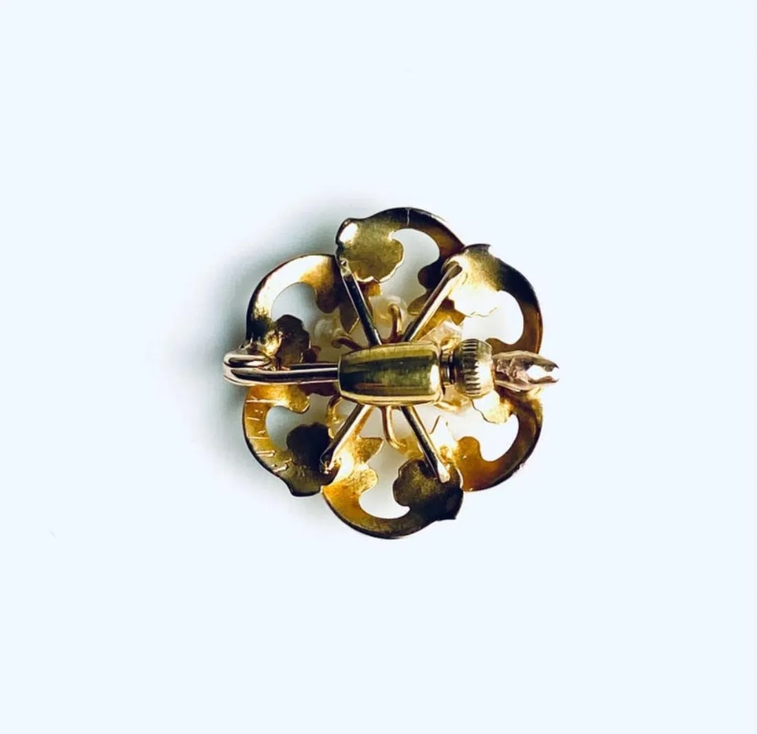 Vintage 18k Yellow Gold Diamond & Pearl Enameled Pin Brooch - 3