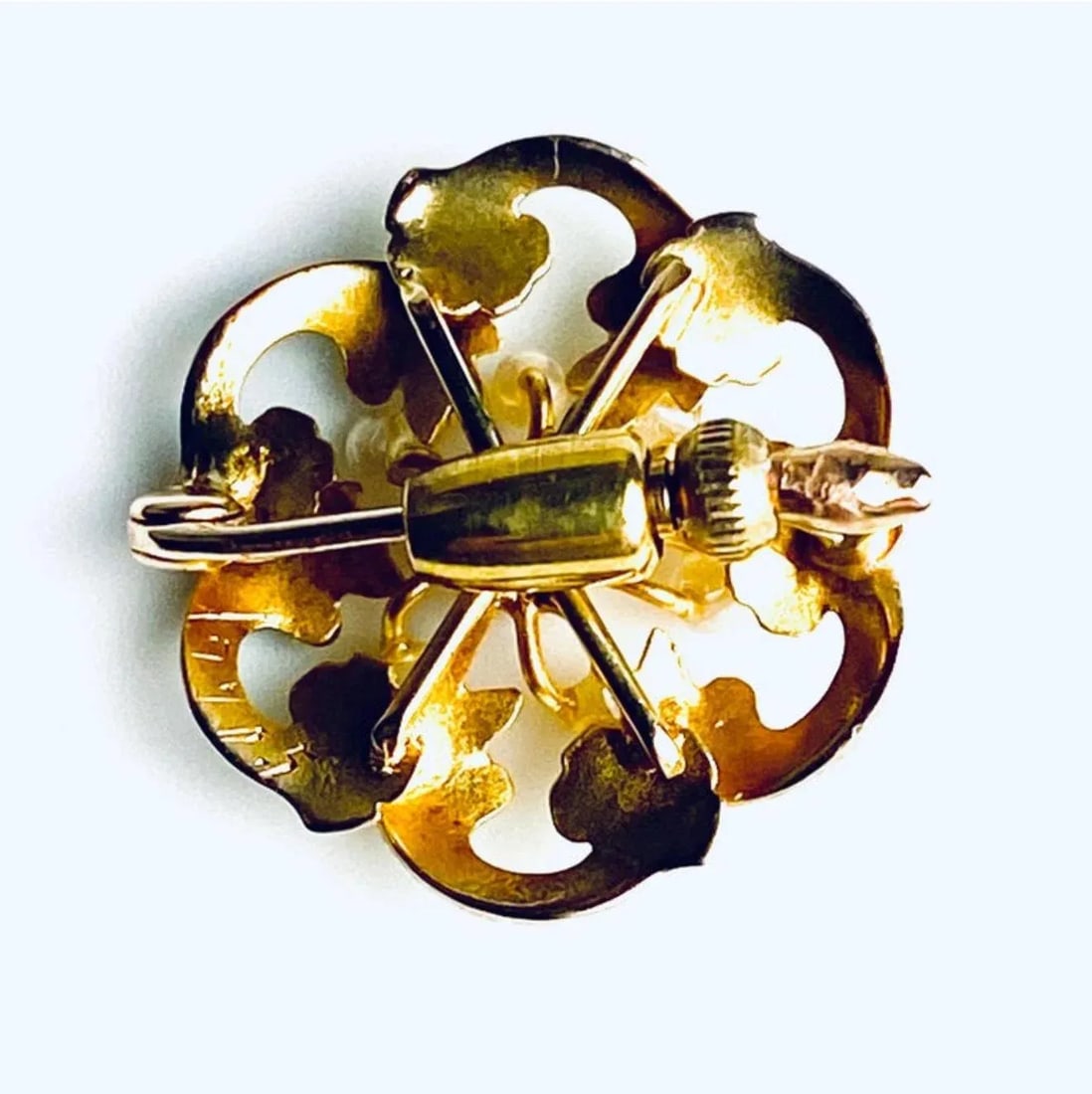 Vintage 18k Yellow Gold Diamond & Pearl Enameled Pin Brooch - 5