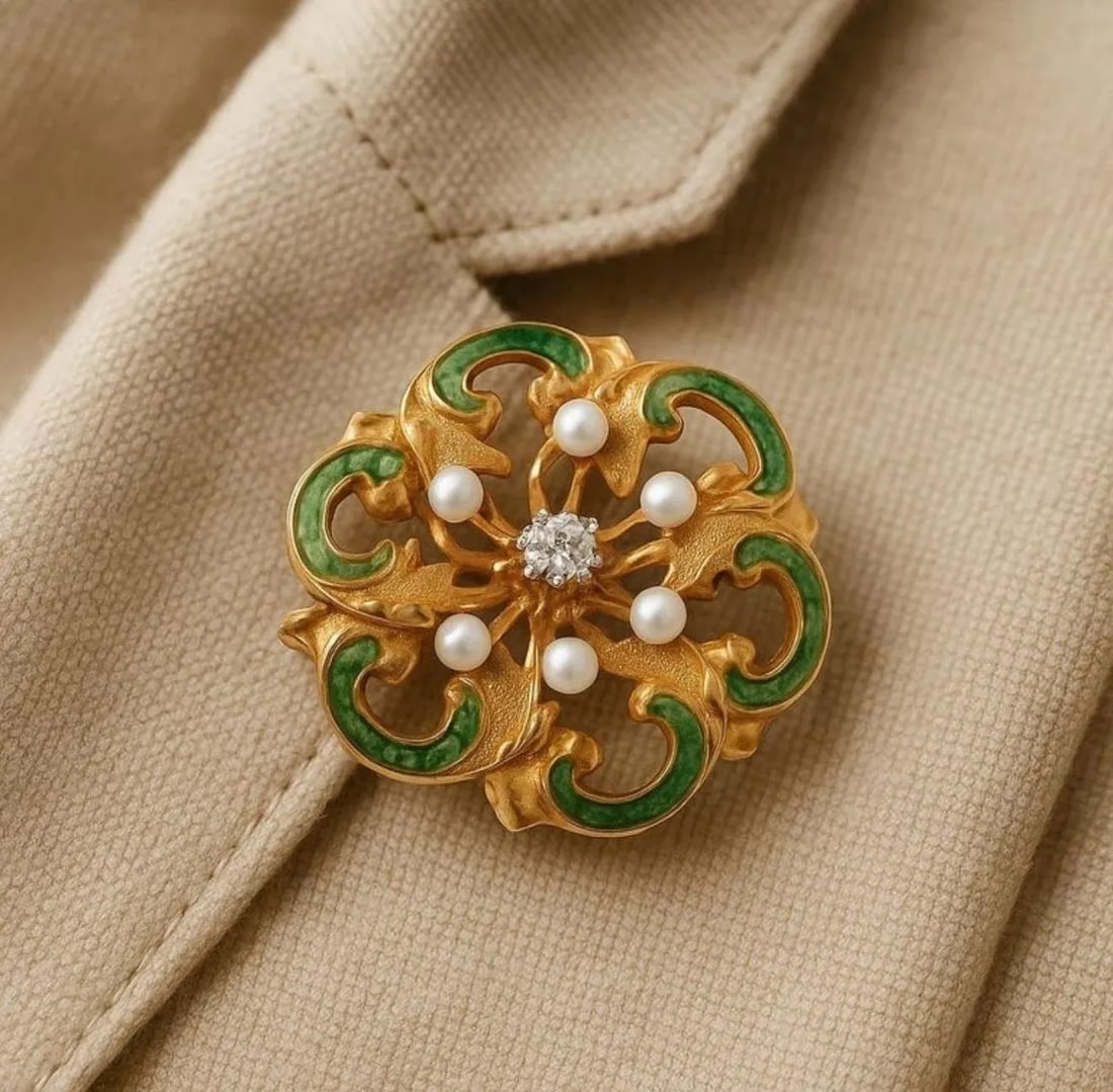 Vintage 18k Yellow Gold Diamond & Pearl Enameled Pin Brooch - 6