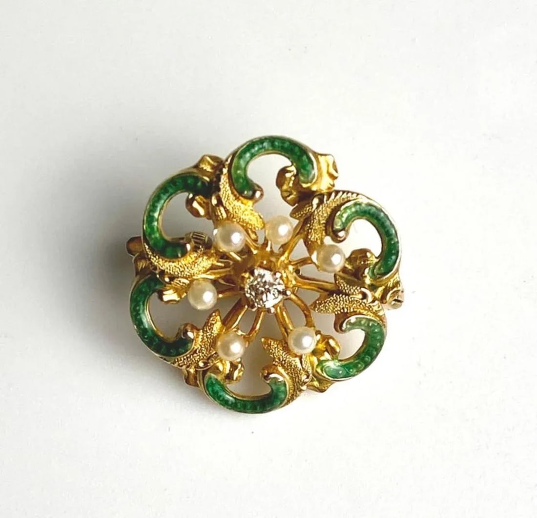 Vintage 18k Yellow Gold Diamond & Pearl Enameled Pin Brooch - 7