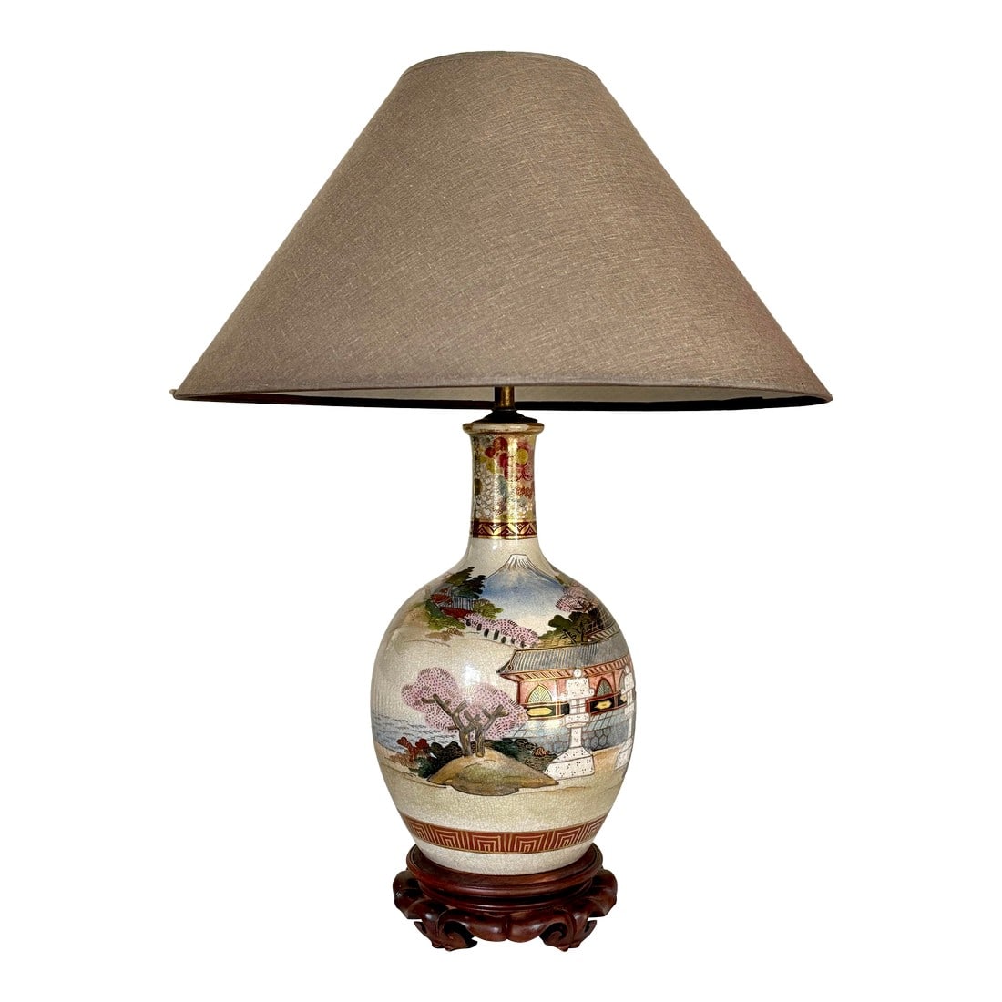 Vintage Ornate Japanese Bottleneck Frederick Cooper Style Lamp on Wood Base: Japanese bottleneck table lamp made from an antique vase with an intricately hand-painted town scene in blue, copper orange, green, and gold. It features stunning depictions from of Japanese